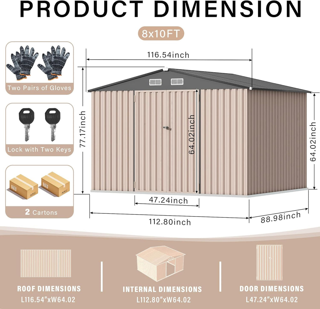 8x10 FT Metal Storage Sheds Outdoor, Metal Yard Sheds Garden Shed Kit, Tool Shed with Lockable Door, Utility Sheds Buildings with Air Vent for Backyard Garden Patio Lawn