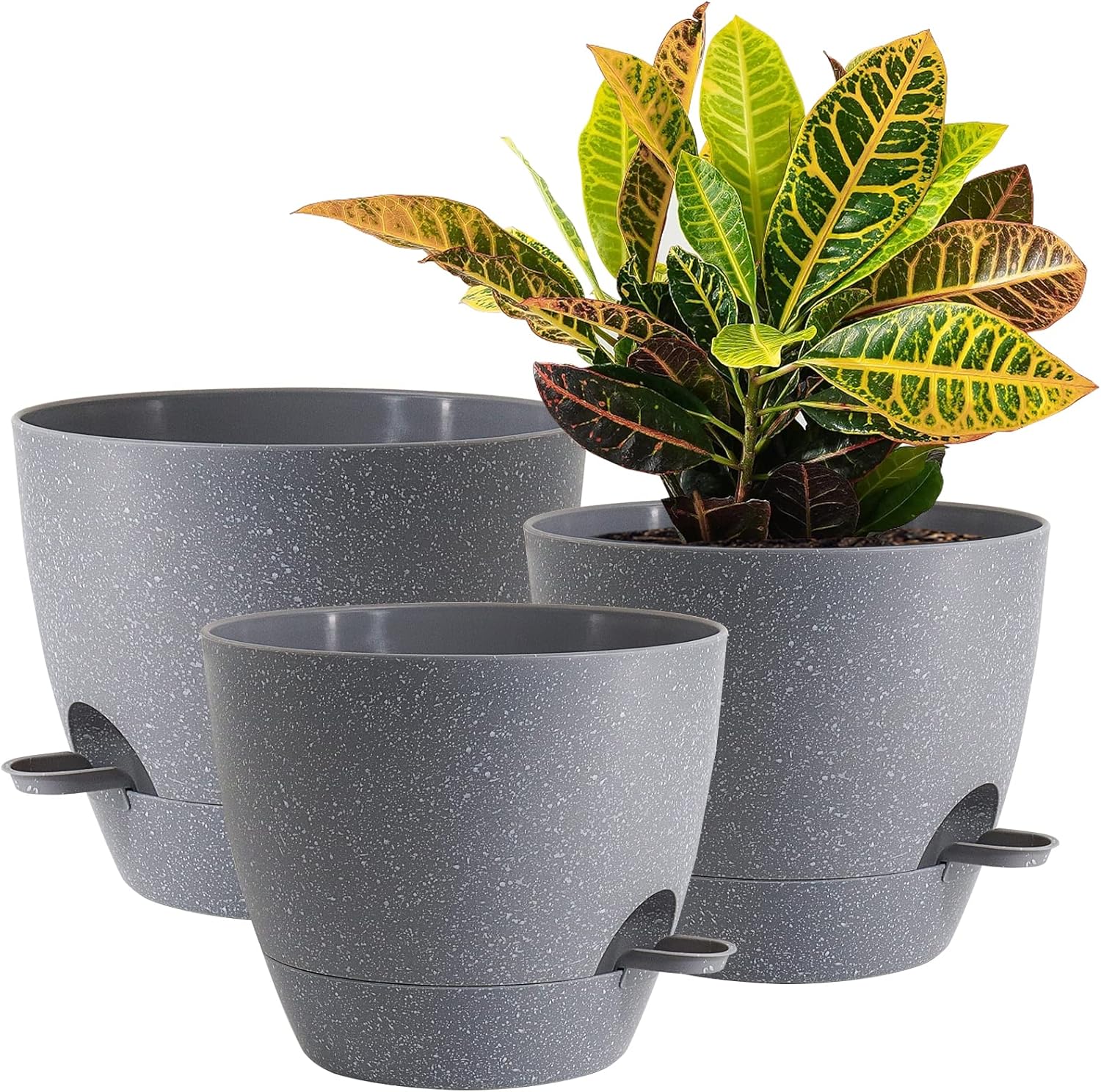 10/9/8 inch Self Watering Pots, Set of 3 Plastic Planters with Mesh Drainage Holes and Deep Reservoir for Indoor Outdoor Garden Plants and Flowers, Grey Speckles