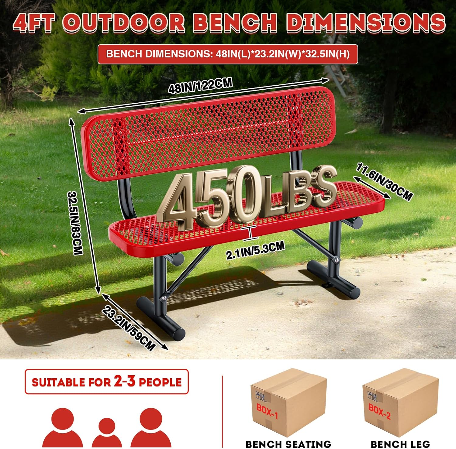 4 Feet Heavy Duty Park Bench with Back Portable Frame, Outdoor Steel Bench with Backrest, Expanded Metal Mesh Bench for Lawn, Park, Deck, Garden, Patio, Porch, Red