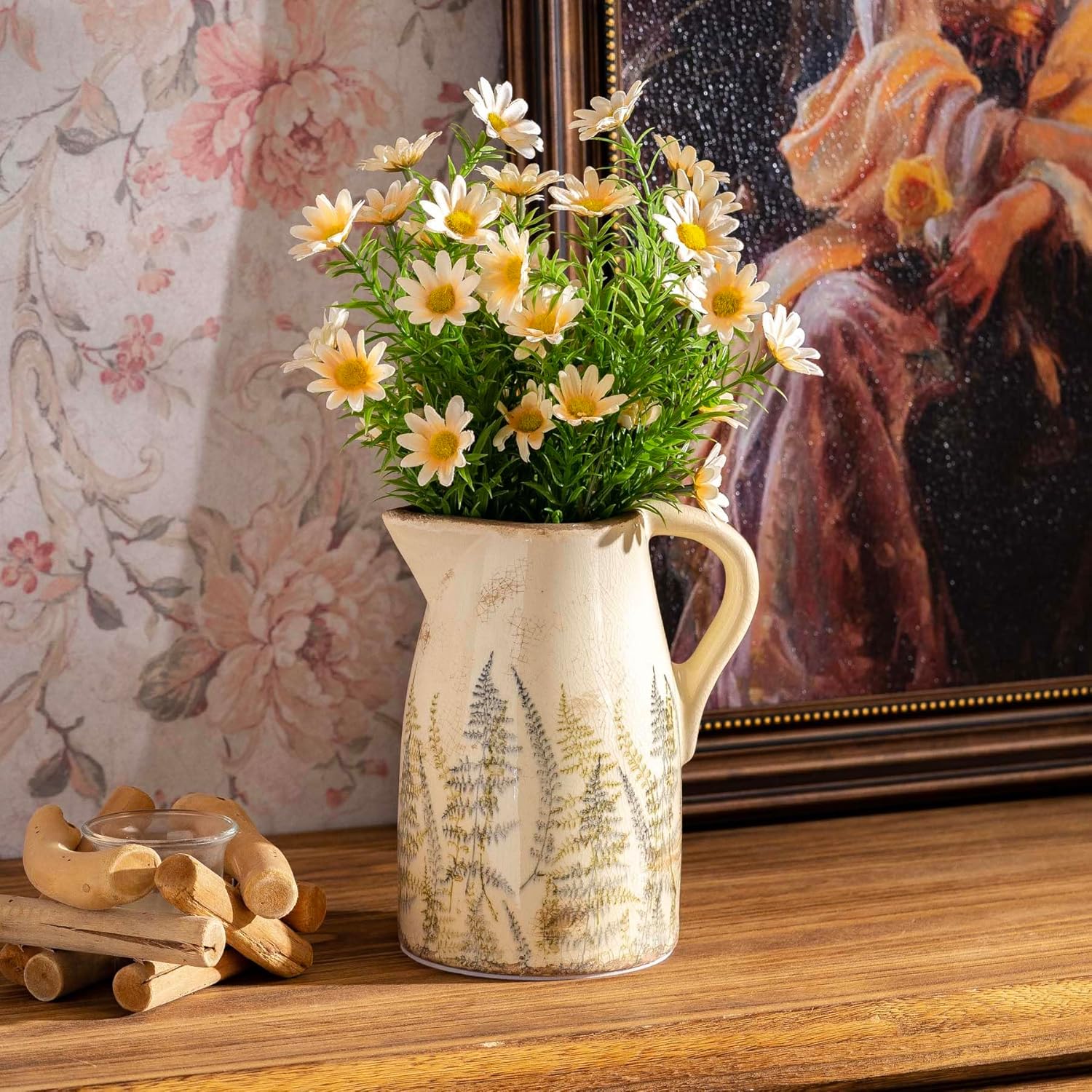 Vintage Ceramic Pitcher Vase with Handle, Farmhouse Green and Purple Large Floral Vases, French Country Decorative Vase, Rustic Table Centerpiece for Home Decor, Bookshelf, Office 7.3 Inch