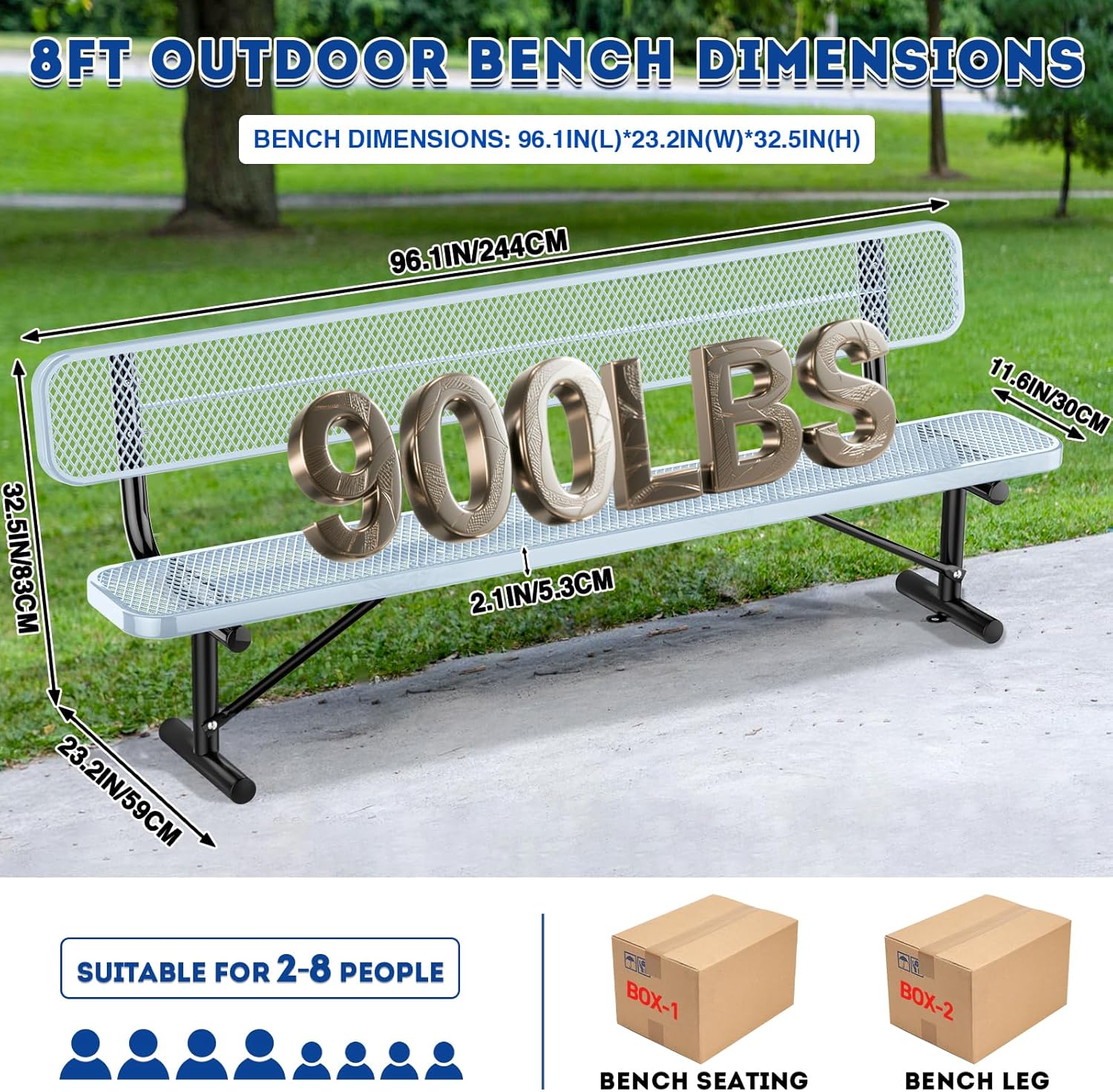 8Ft Heavy Duty Park Bench with Back Portable Frame, Outdoor Steel Bench with Backrest, Expanded Metal Mesh Bench for Lawn, Park, Deck, Garden, Patio, Porch, Grey