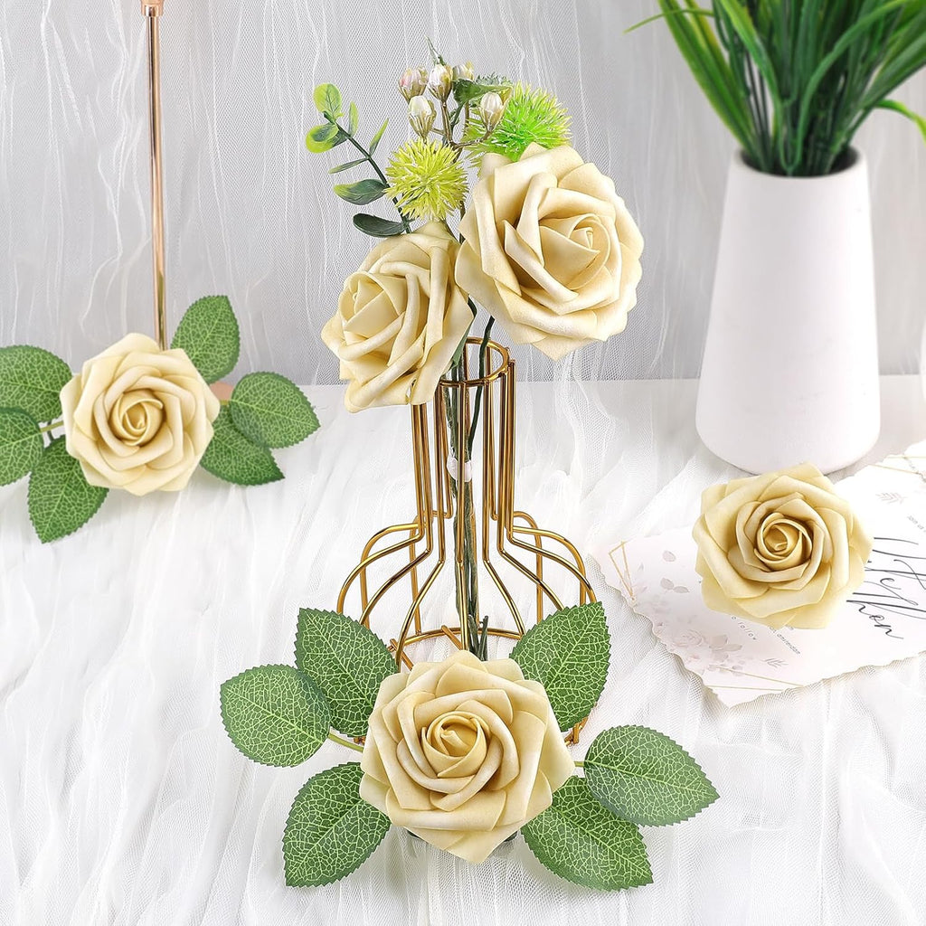 AmyHomie 25pcs Real Looking Artificial Beige Roses w/Stem for DIY Wedding Bouquets Centerpieces Arrangements Party Baby Shower Home Decorations