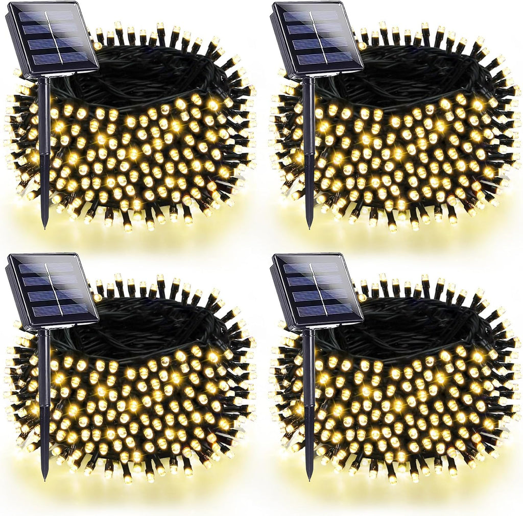 4 Pack 180FT Solar String Lights for Outside, Super Bright 320 LED Solar Light Outdoor Waterproof with 8 Modes, Green Wire Solar Twinkle Fairy Lights for Xmas Tree Party Yard Decorations (Warm White)