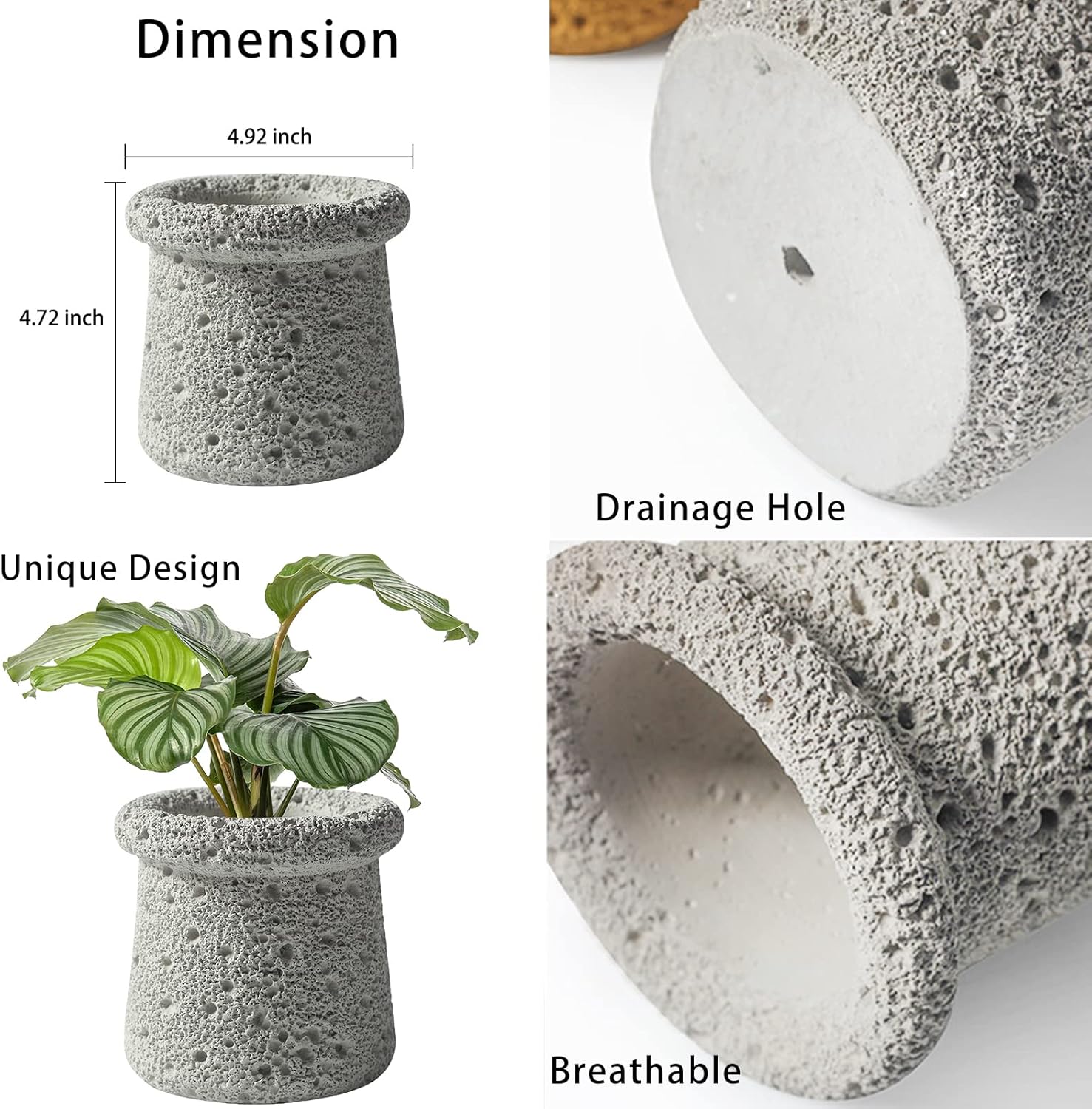 Cement Plant Pot Indoor, 4.5 Inch Flower Pot with Drainage Hole, Small Cement Planter for Home Office Decor (Beige)