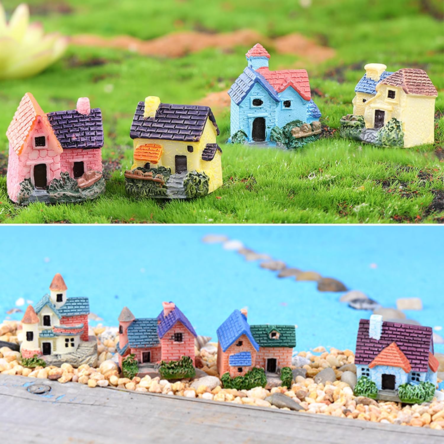 8PCS Colorful Miniature House Mini House Cottage Resin Figurines Fairy Garden Accessories Outdoor Vintage Small Micro Landscape Ornament Plant Flower Pot Terrarium Home Decor Supplies