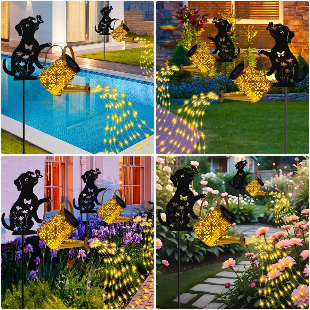 Solar Lights Outdoor Decorative, Watering Can with Cascading Lights, with Dog Silhouette Garden Stakes, Waterproof Metal Garden Decor for Yard Art, Outside, Patio, Lawn Ornaments(1 Pack)