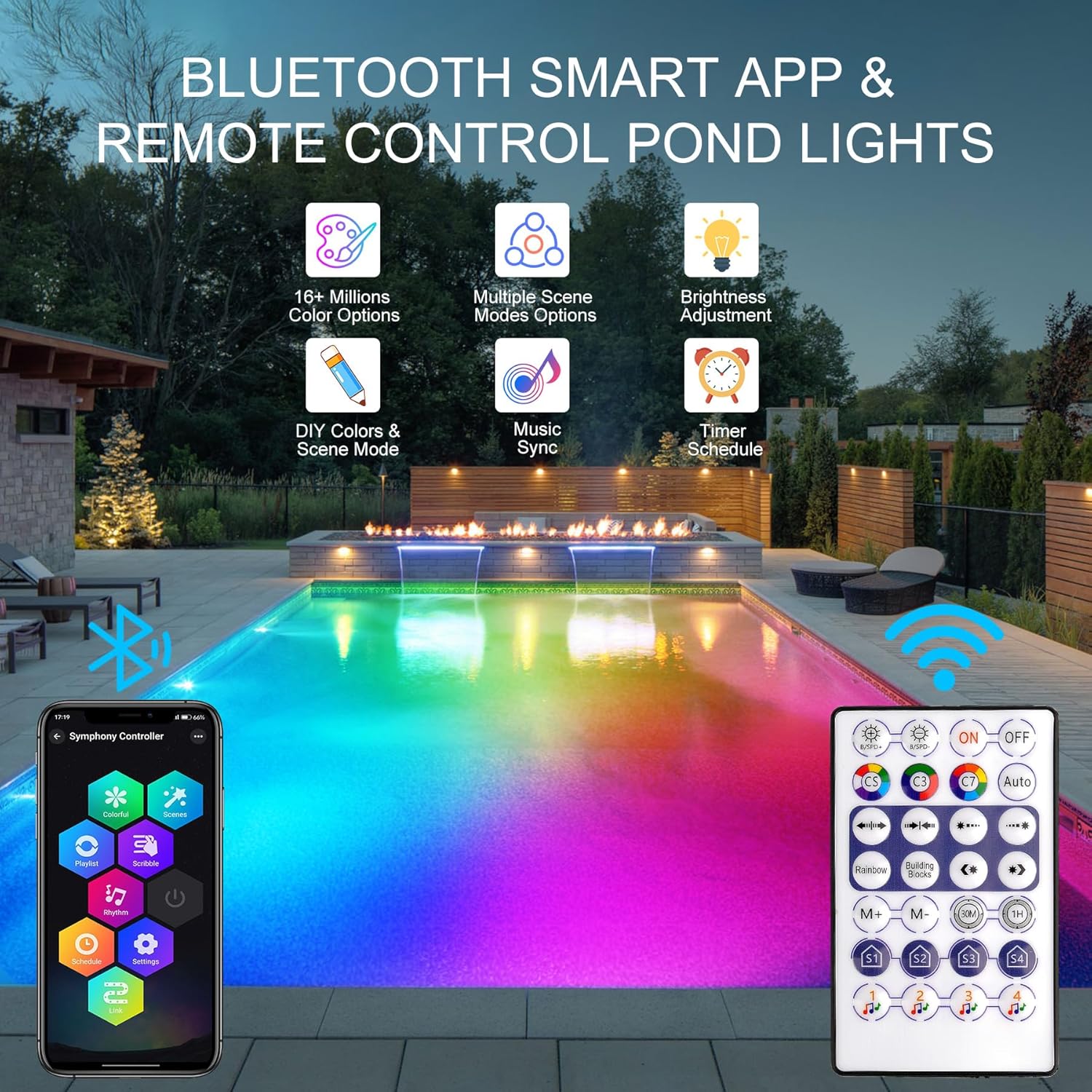 RGB Underwater Pond Lights, Super Bright 18 LED Submersible Fountain Lights Color Changing Spotlights, Bluetooth APP Control IP68 Waterproof for Fish Aquarium Tank Garden Yard Pool(Set of 12)