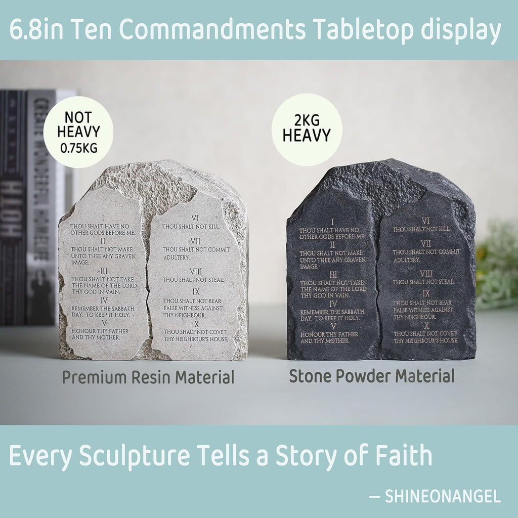 Ten Commandments Tabletop Decor - 6.8-Inch Stone Effect Religious Statue Plaque for Home, Office, or Church Inspritional Table Decor Los 10 mandamientos