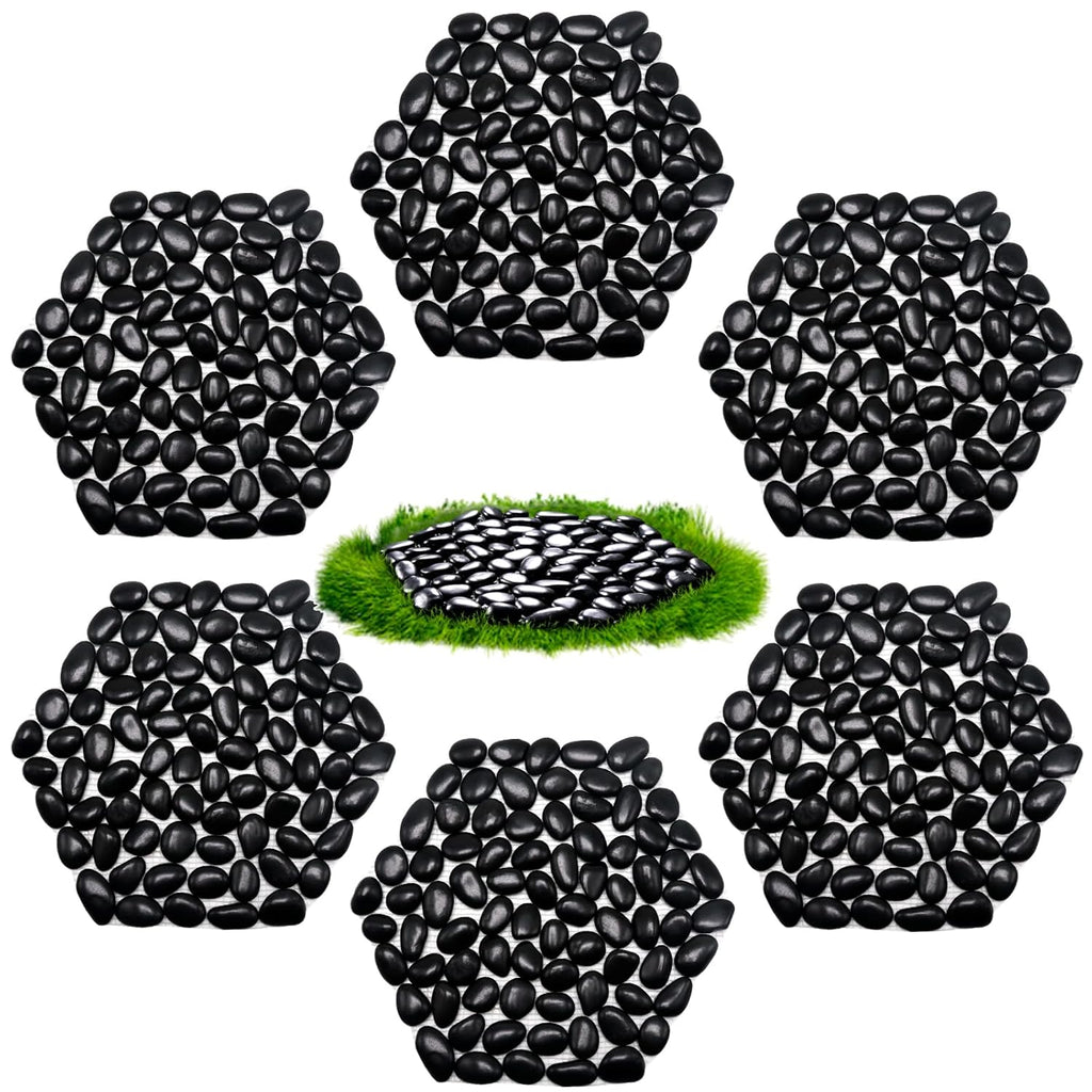 10in River Rock Stepping Stones Set - 6 Pack | Polished Pebble | Long-Lasting PVC Mesh Backing | Perfect for Garden Paths and Lawns Outdoor Landscaping Decoration | Black Rhombus