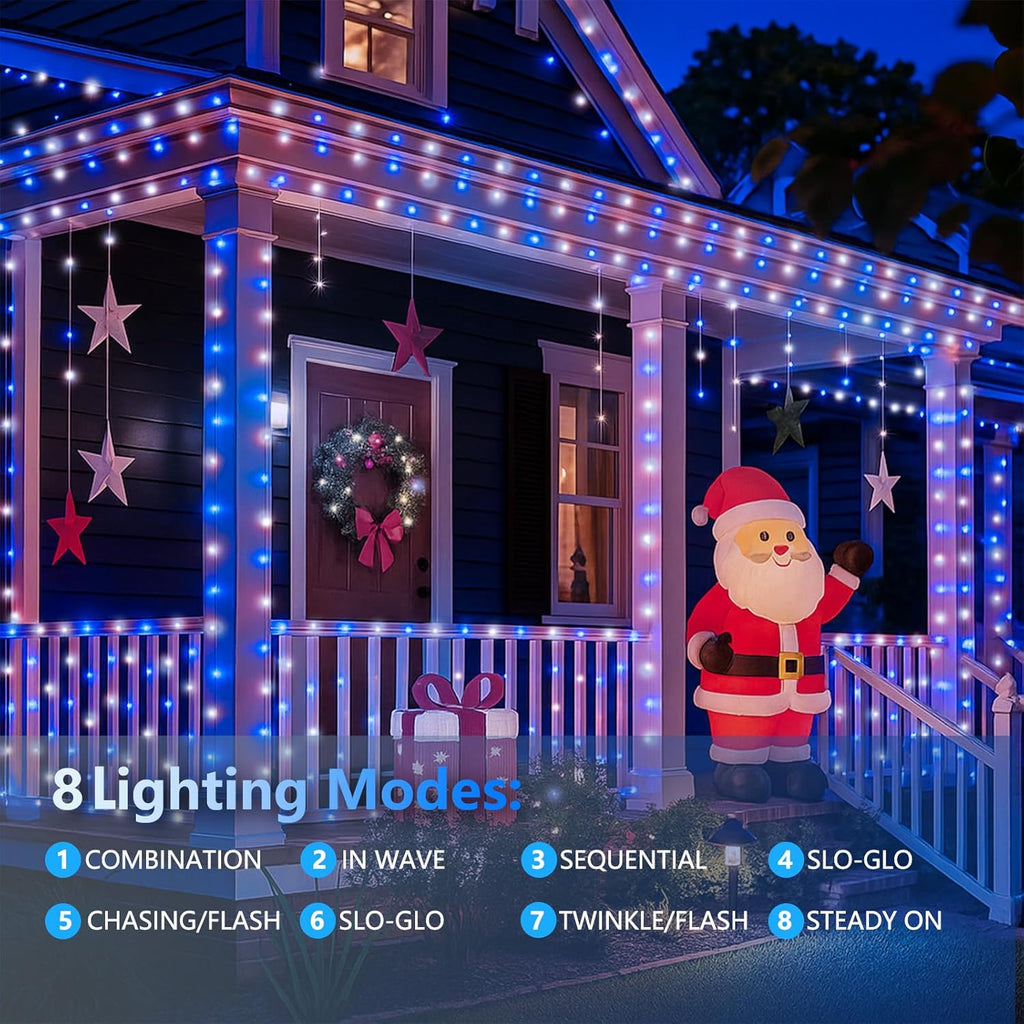 SANJICHA Blue and White Solar String Lights, Extra-Long 2 Pack 144FT 400LED Solar Christmas Lights Outdoor Waterproof, Sliver Wire 8 Modes Twinkle Light for Garden Tree Party Wedding Decorations