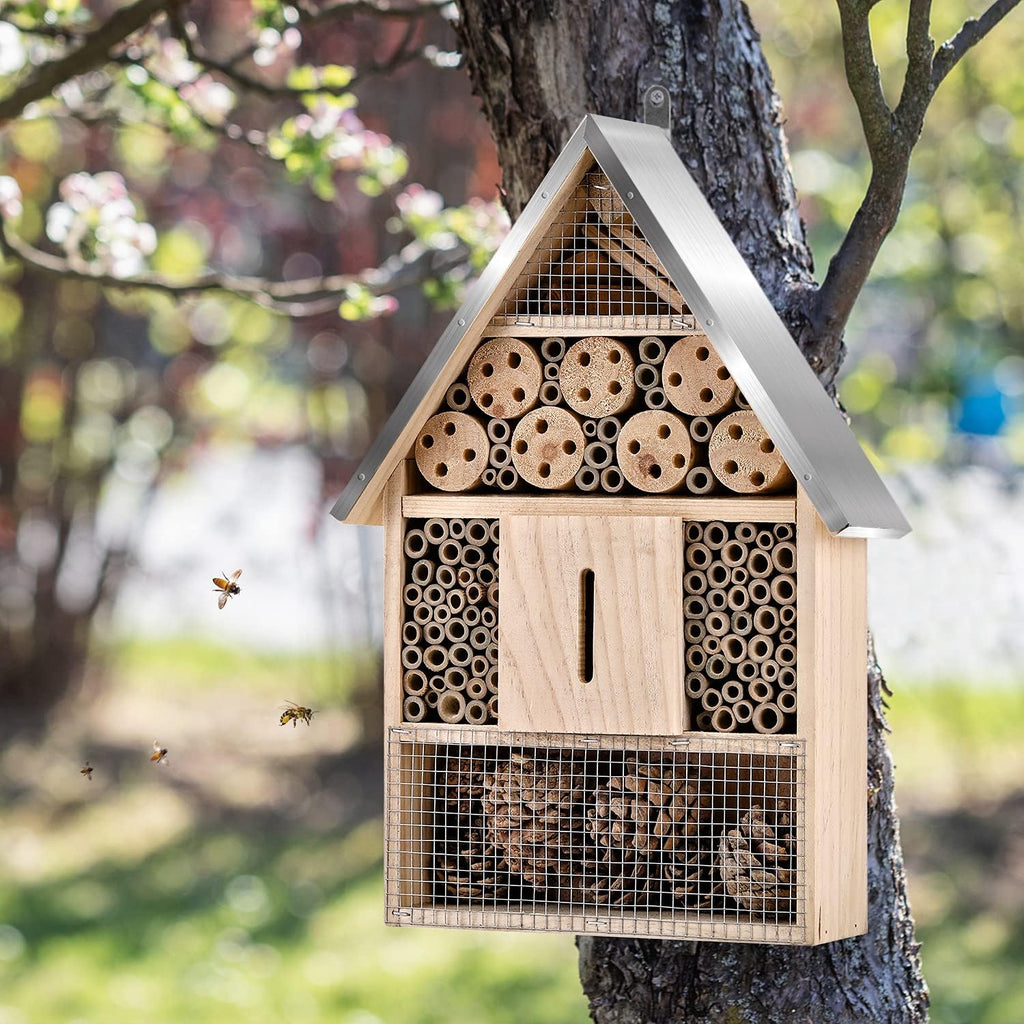 Wooden Mason Insect Bee Butterfly House,Insect Hotel,an Outdoor Hanging Bamboo Habitat for Bee Butterfly Ladybugs Live,Bee Box,Butterfly Habitat for Garden,9 x 15.7 x 2.5 Inch