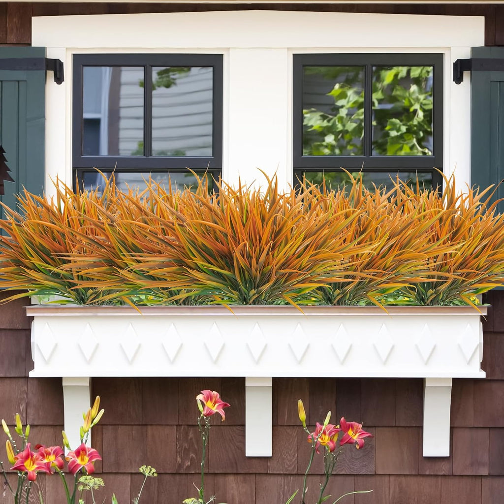 Uieke 6 Bundles Artificial Outdoor Plants UV Resistant Fake Grass Plants Faux Plastic Plants Greenery Shrubs for Home Garden Pathway Window Box Front Porch Summer Fall Decor, Autumn Orange