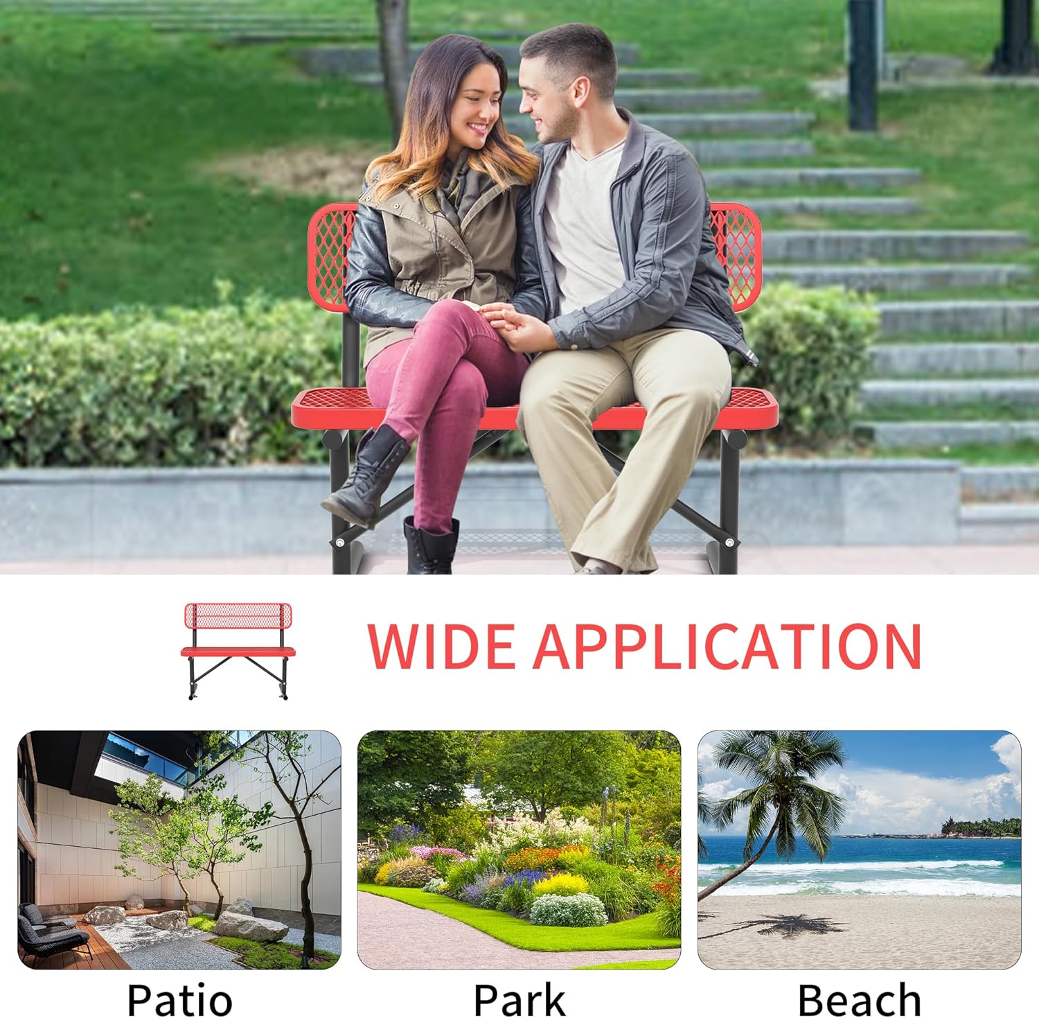 4 Feet Heavy Duty Metal Park Bench for Outside, Outdoor Bench with Backrest & Portable Frame, Commercial Benches for Shopping Malls, Stores, Parks, Patios, Decks, Red