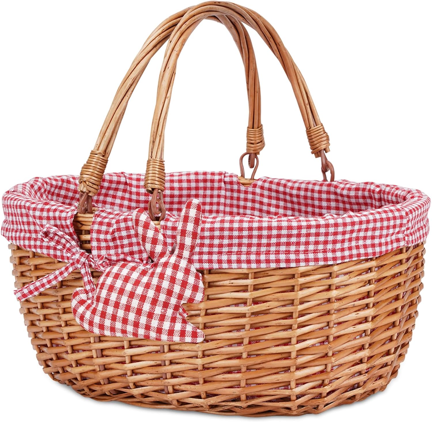 G GOOD GAIN Wicker Picnic Basket with Double Folding Handles,Willow Picnic Hamper,Natural Hand Woven Easter Basket,Easter Eggs and Candy Basket,Bath Toy and Kids Toy Storage,Gift Packing Basket.Red