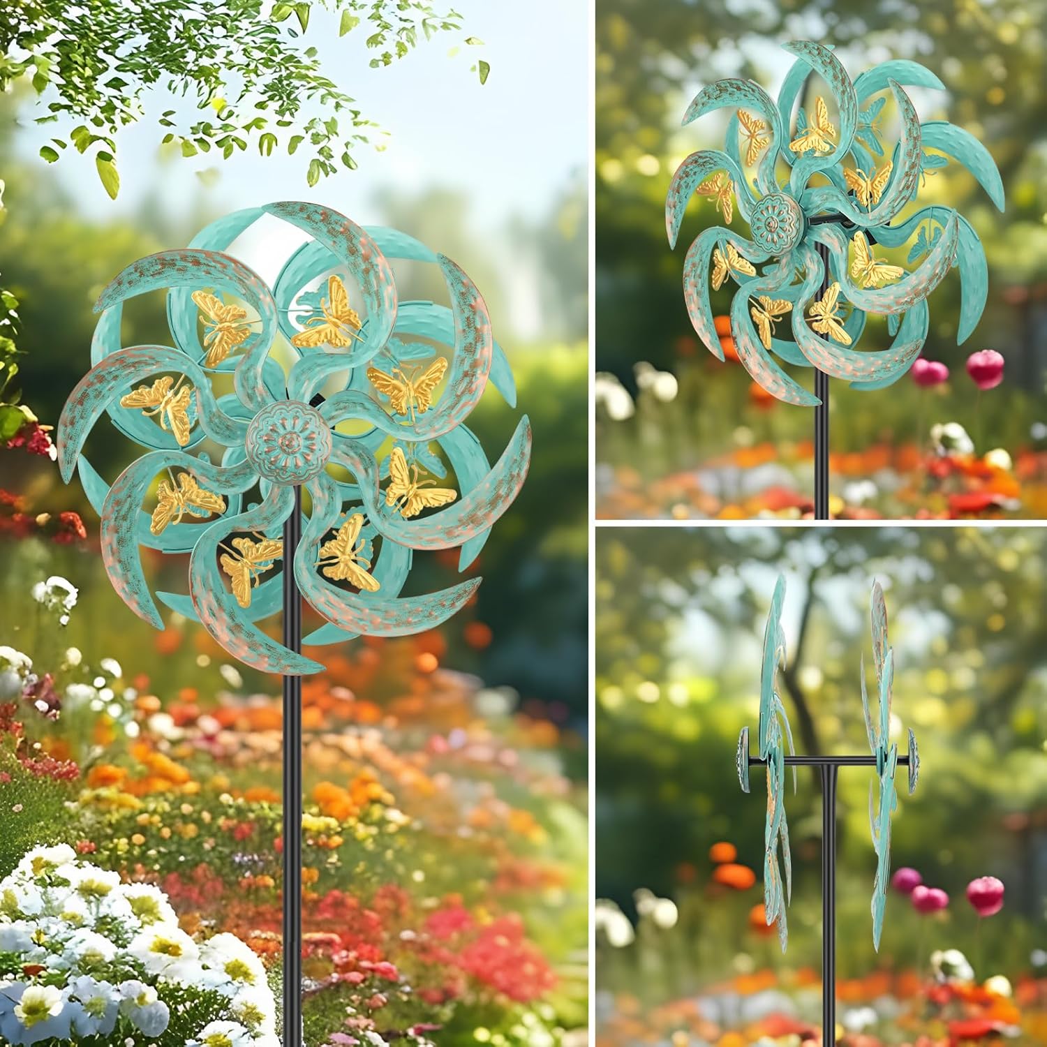 Metal Wind Spinner Outdoor, Golden Butterfly Kinetic Wind Sculpture Spinners with Metal Stake, Yard Art Decor for Patio, Lawn & Garden, Creative Gifts 57.5 * 13.4 Inch