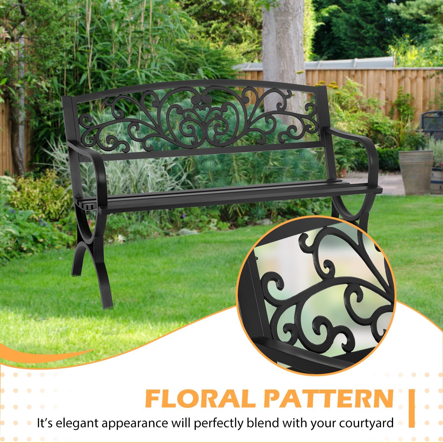 PayLessHere Black Outdoor Metal Loveseat Chairs Patio Garden Bench 50-inch Slatted Seat Armrests Floral Design Plastics Backres Perfect for Park, Yard, Porch, Lawn, Balcony, Backyard