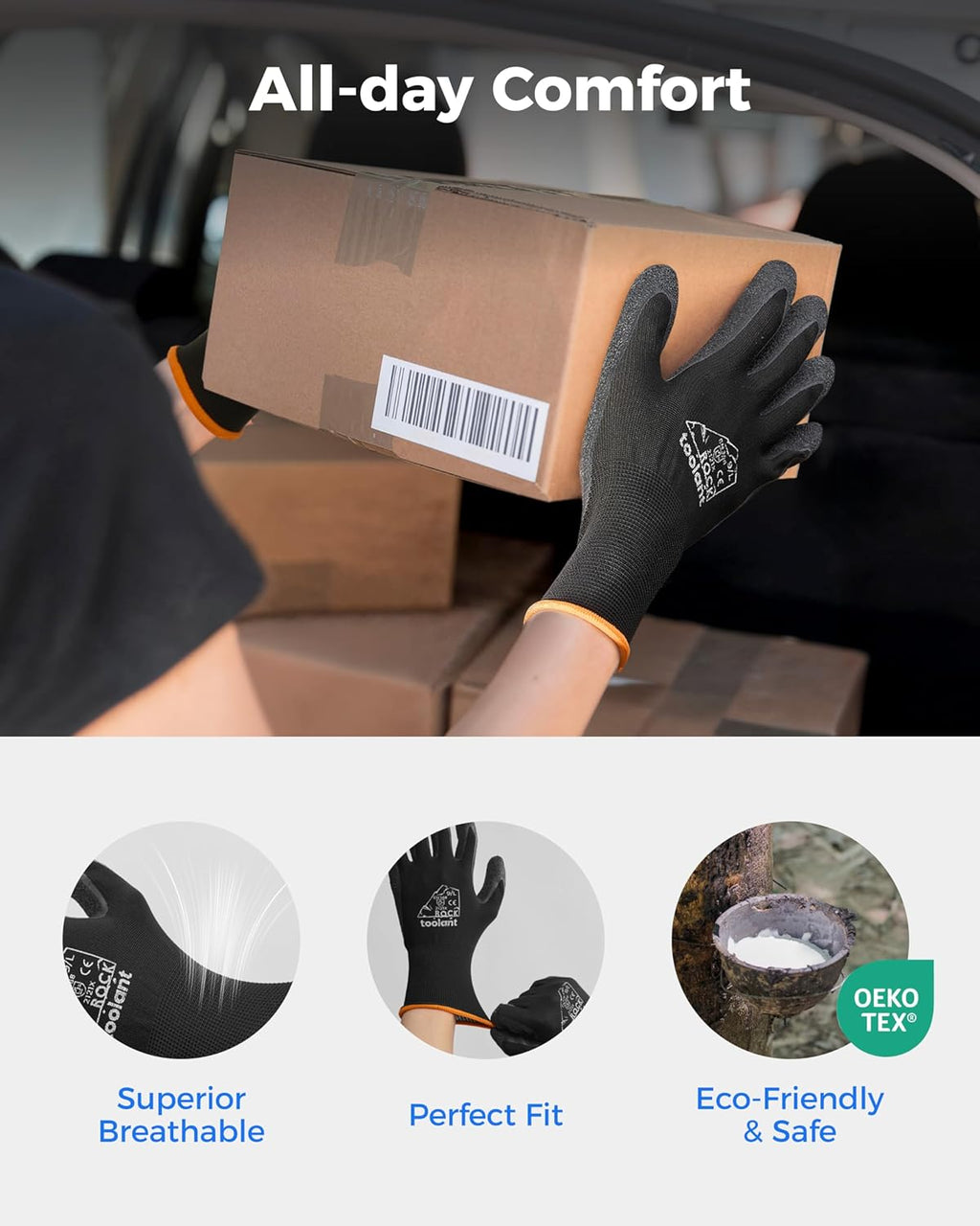 toolant Crinkle Latex Work Gloves Bulk, Rubber Coated Safety Work Gloves for Men and Women, 120 Pairs for Construction, Gardening, Warehouse (Black, XL)