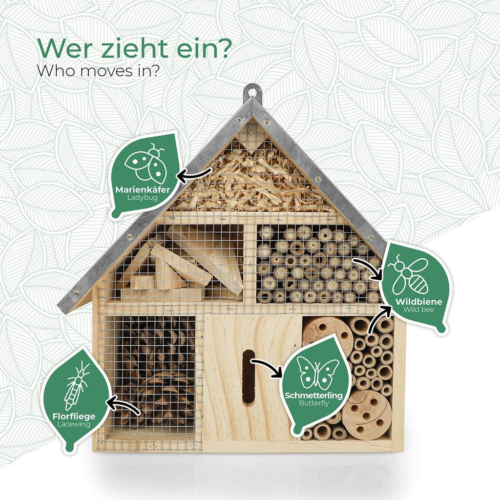 Insect Hotel - Pollinator House and Bug Condo for a Snug Home Outdoors - Garden Habitat for Bees, Ladybugs, and Butterflies - Natural Wood and Metal Construction - 10 x 3X 11 inches