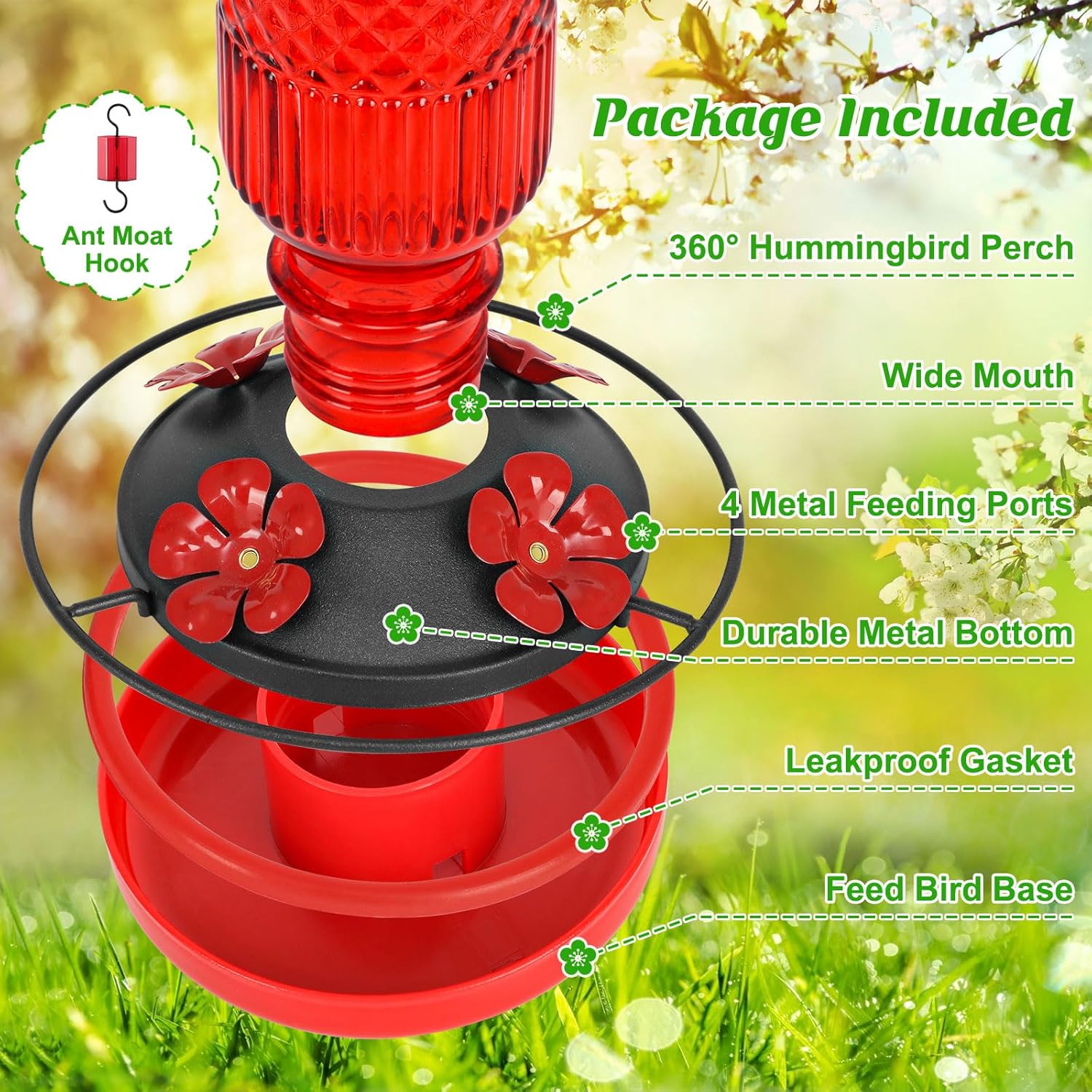FEED GARDEN Glass Hummingbird Feeder for Outdoors Hanging, 16 OZ Humming Birds Feeders with 4 Bee Guard Feeding Ports & Built-in Ant Moat, Bird Feeder for Outside, Gifts for Women Mom, Red