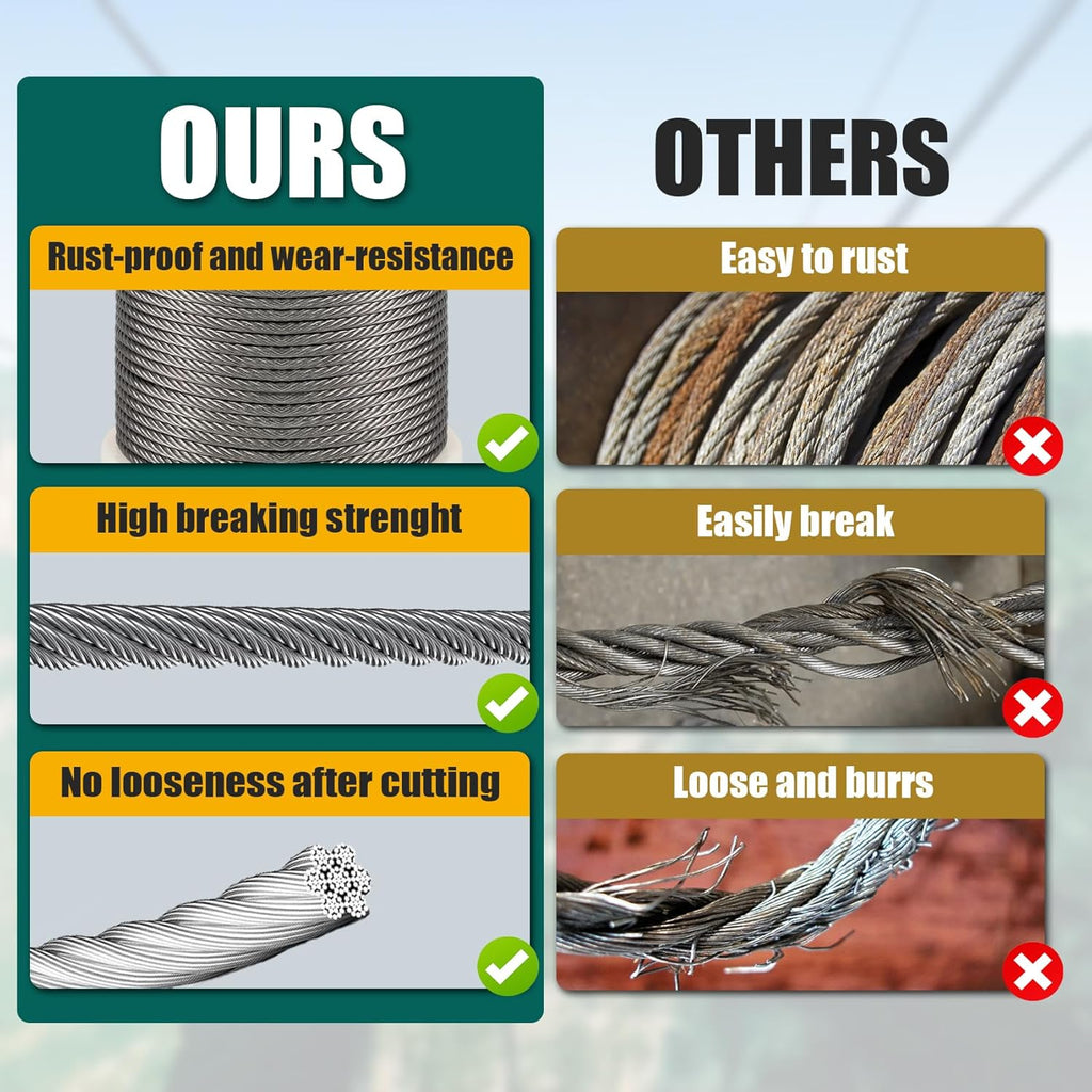 1/4" Stainless Steel Cable 50FT Wire Rope with Clamps and Thimble, 7X19 Strands Aircraft Cable for Zipline, Outdoor, Deck Railing, Heavy Duty Applications, Hanging, 6400lbs Breaking Strength