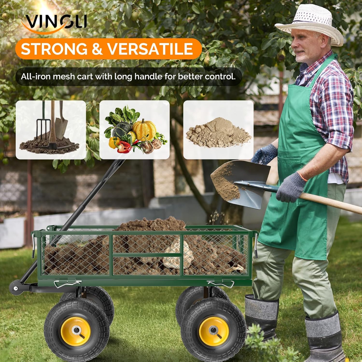 VINGLI Heavy Duty 880 LBS Mesh Steel Garden Cart, Detachable Utility Wheelbarrow, Yard and Garden Wagon Cart with Removable Sides and 10 Inch Wheels (Green)