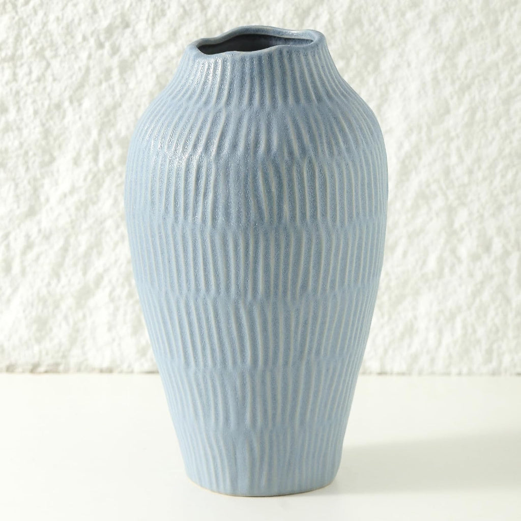 Ceramic Vase for Home Decor,11.6 Inch Flower Vases，Decorative Blue Vase for Pampas Grass，Modern Art Texture Vases for Home Entryway Living Room Dining Table Farmhouse Office Decor-Mat Blue