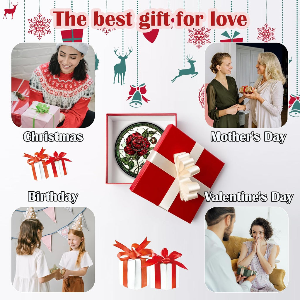 Stained Glass Window Hanging, Red Rose Gemstone Green Sun Catchers Diamond Glass Panel Hangings Suncatcher Decor for Birthday for Women, Men, Wife, Aunt, and Mom 9.8 in