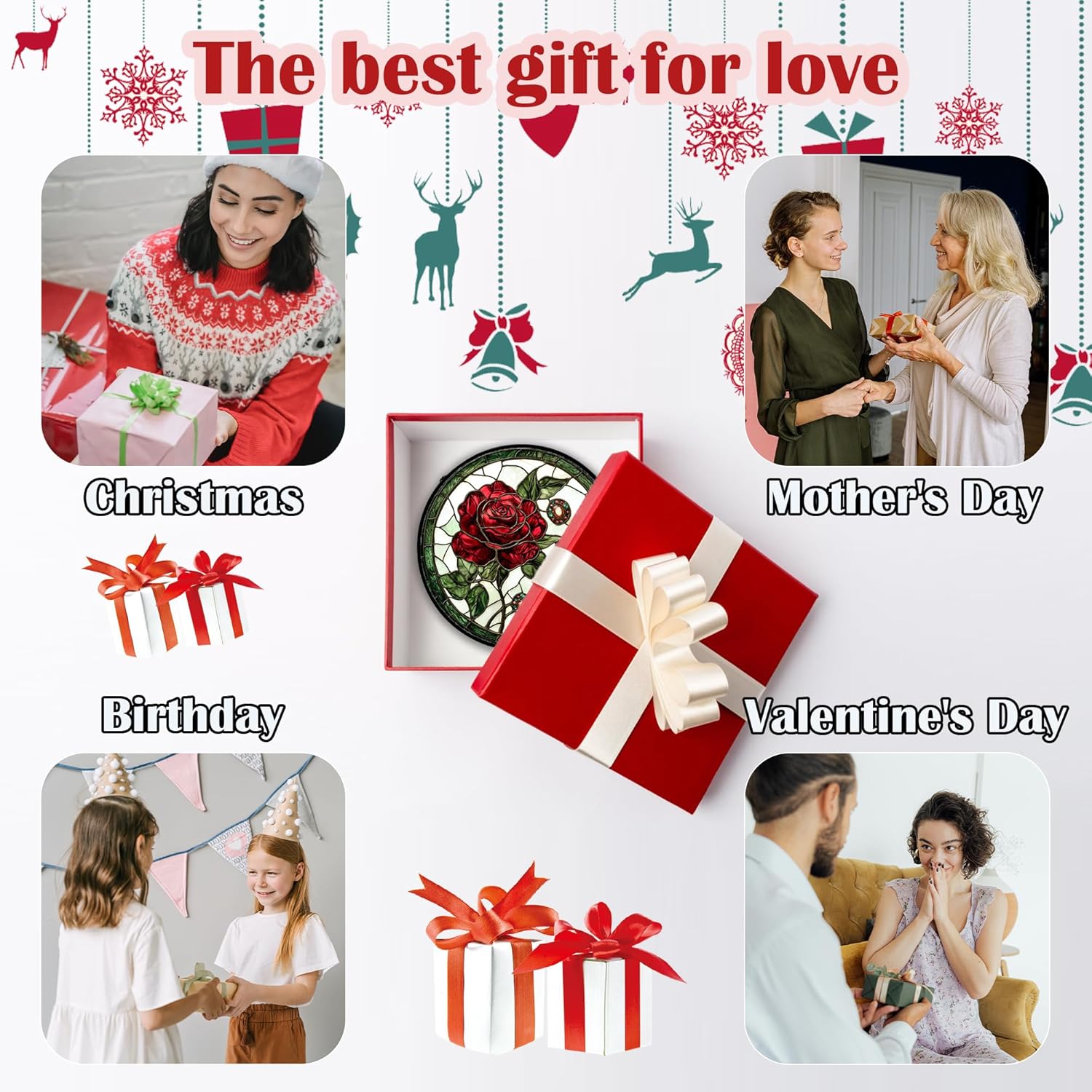 Stained Glass Window Hanging, Red Rose Gemstone Green Sun Catchers Diamond Glass Panel Hangings Suncatcher Decor for Birthday for Women, Men, Wife, Aunt, and Mom 9.8 in