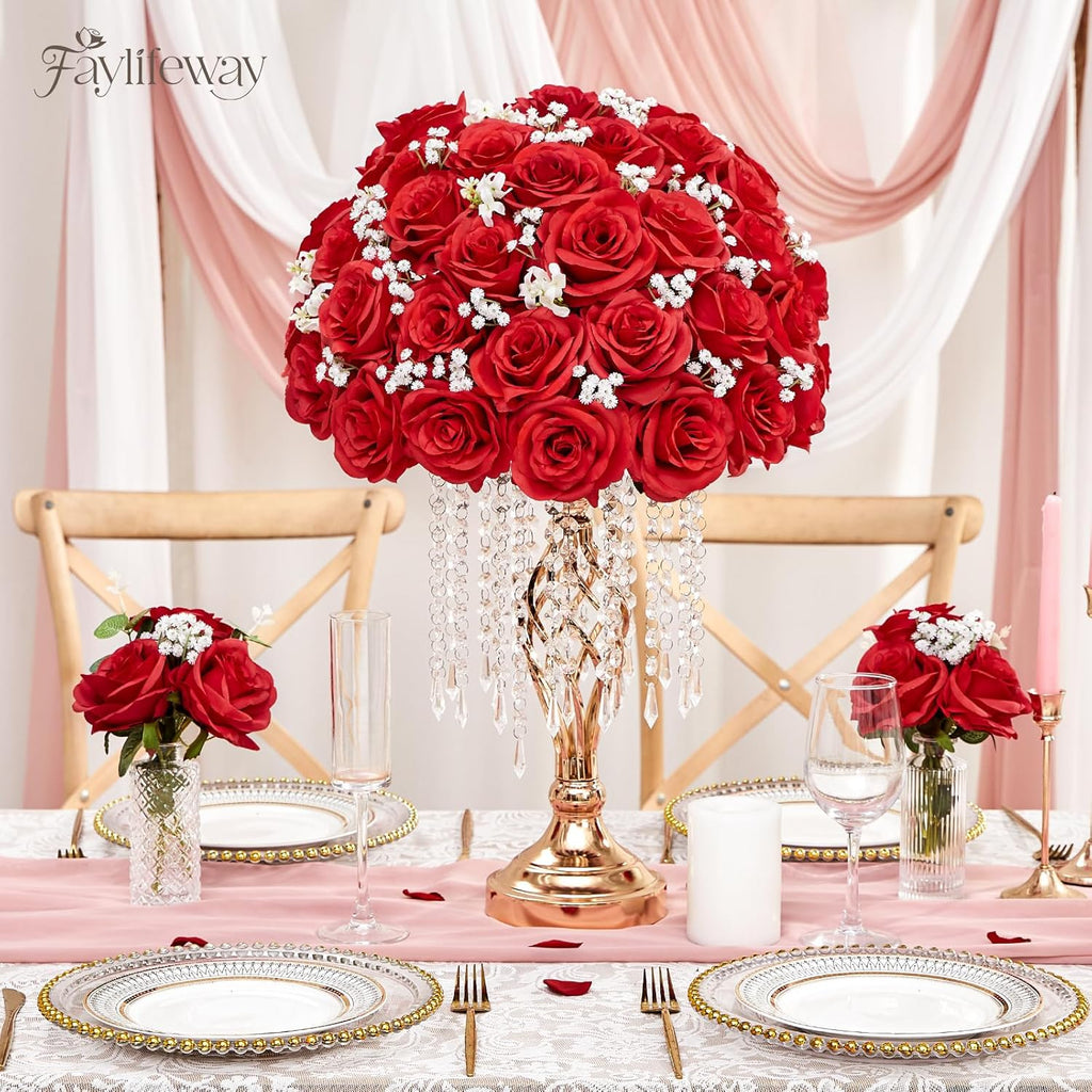 50PCS Artificial Red Roses, 3.9'' Silk Flower Head Fake Red Rose with Long Stems, Realistic Faux Roses Bouquet for DIY Wedding Home Party Office Decoration