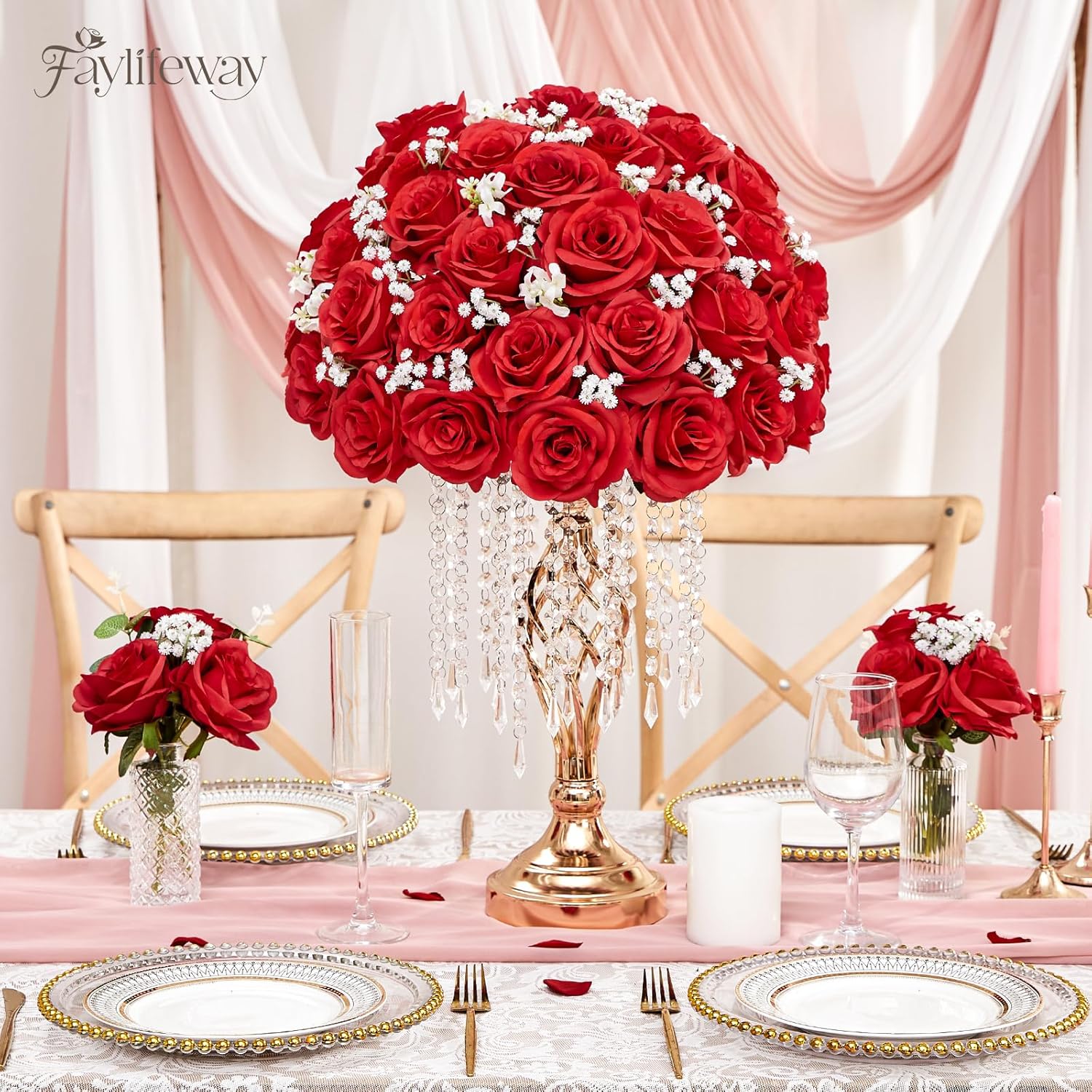 20PCS Artificial Red Roses, 3.9'' Silk Flower Head Fake Red Rose with Long Stems, Realistic Faux Roses Bouquet for DIY Wedding Home Party Office Decoration