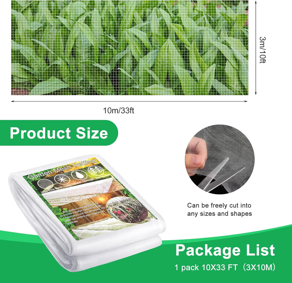 10 X 33FT Garden Mesh Insect Netting Pest Barrier, Garden Bug Netting Plant Mesh for Raised Beds Blueberry Bushes, Figs, Plants, Vegetables Protection