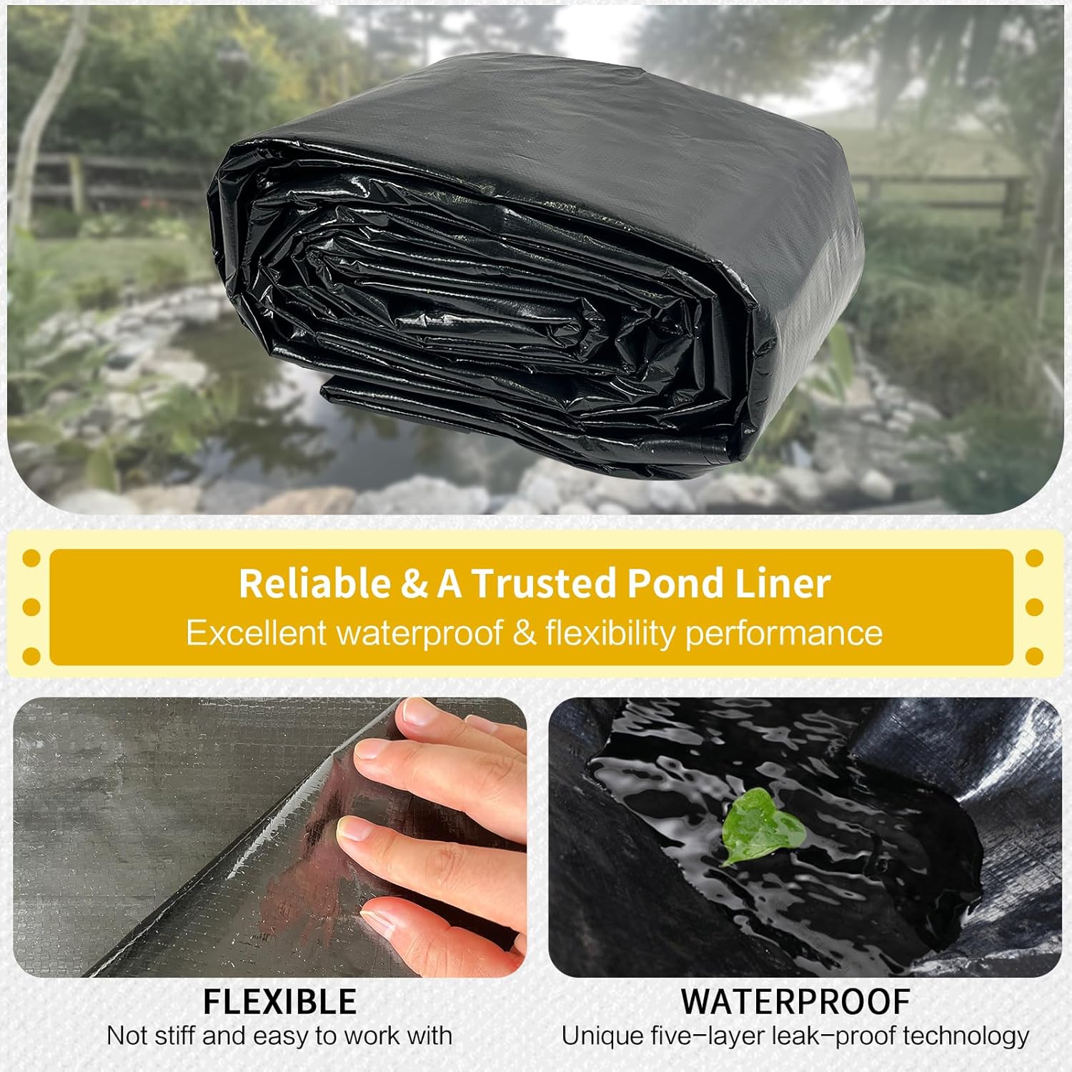 yeezoo 40X50FT Reinforced Large PE Pond Liner, KOI Pond Liners for Outdoor Ponds, Enhanced 5-Layer Structure Pond Liner for Fish, Duck, Garden Raised Bed and Waterscape Pond(0.82oz/sq ft Thickness)