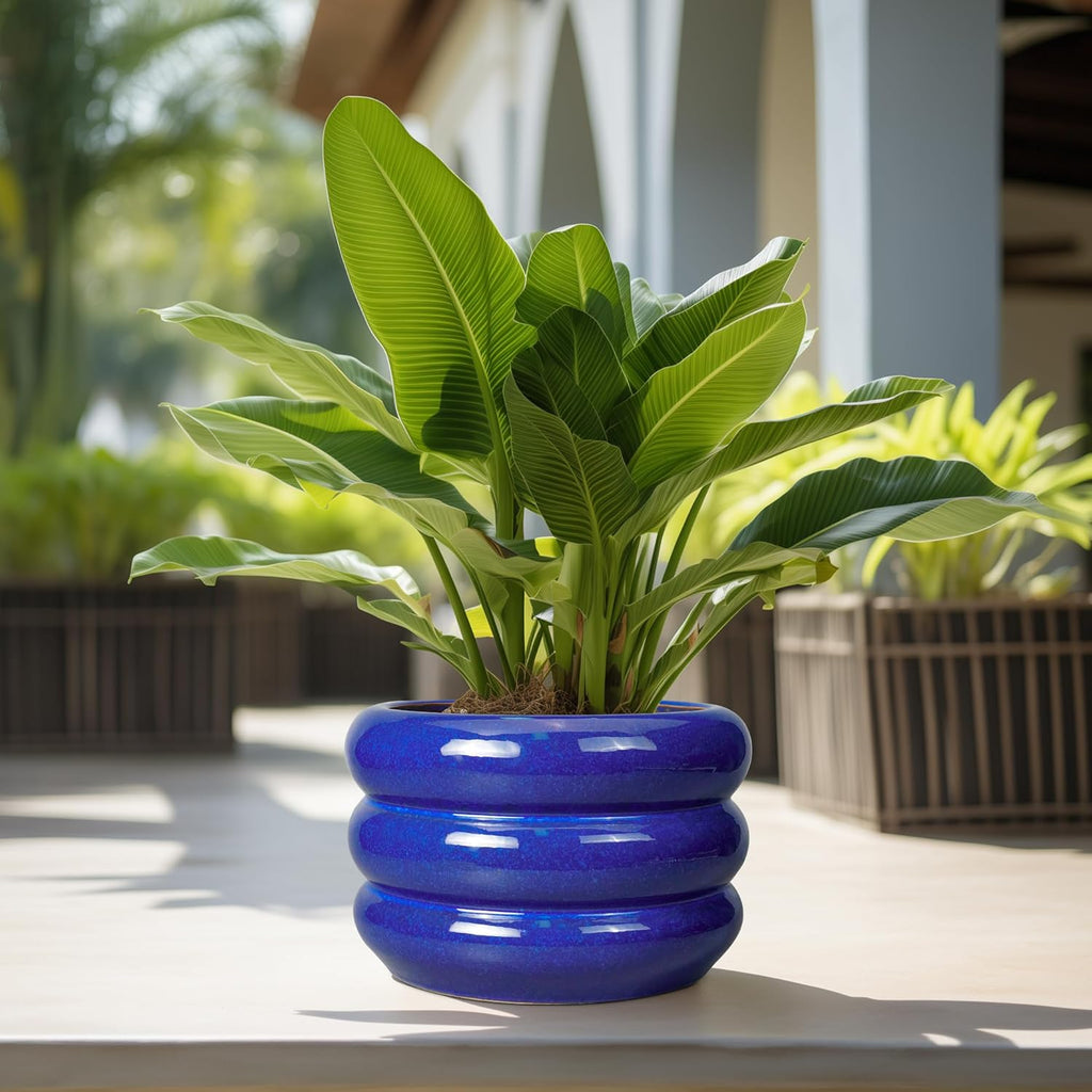 SQOWL Ceramic Plant Pot 13.5 Inch - Large Planter for Outdoor Plants Round Indoor Flower Pot with Drainage Hole Decorative Planter Modern Home Decor Blue