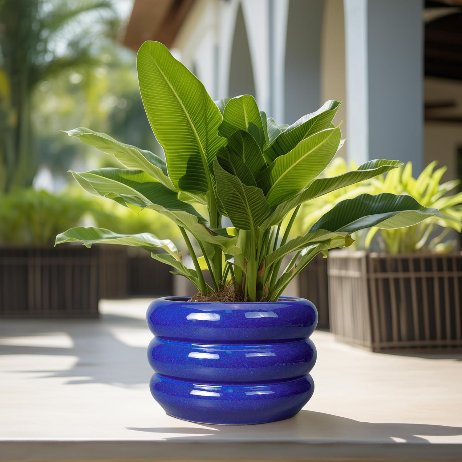 SQOWL Ceramic Plant Pot 13.5 Inch - Large Planter for Outdoor Plants Round Indoor Flower Pot with Drainage Hole Decorative Planter Modern Home Decor Blue