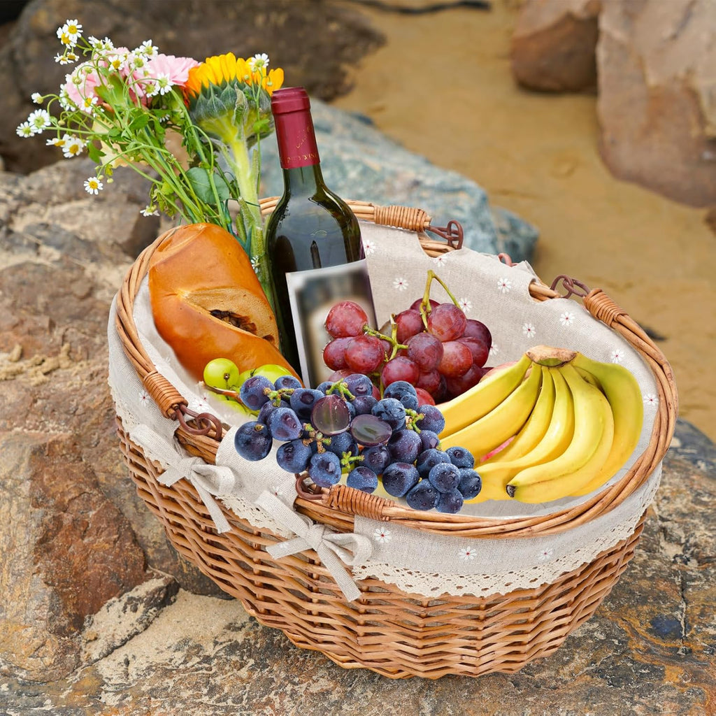 G GOOD GAIN Wicker Picnic Basket with Double Folding Handles,Willow Picnic Hamper,Natural Hand Woven Easter Basket,Easter Eggs and Candy Basket,Bath Toy and Kids Toy Storage,Gift Packing Basket.White