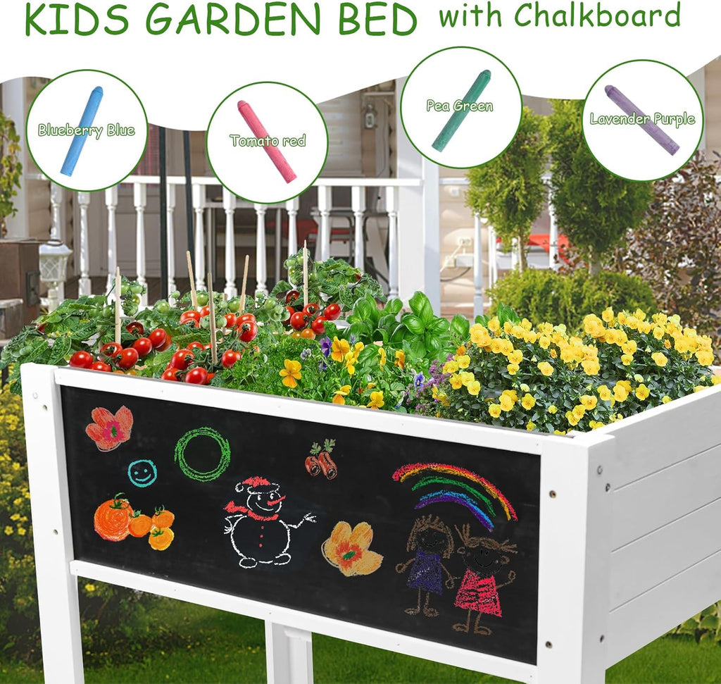 WONDER GARDEN Raised Garden Bed-Planters for Outdoor Plants - Wood Planter Boxes Outdoor for Kids with Legs and DIY Chalkboard for Vegetables Flower Herb（White）