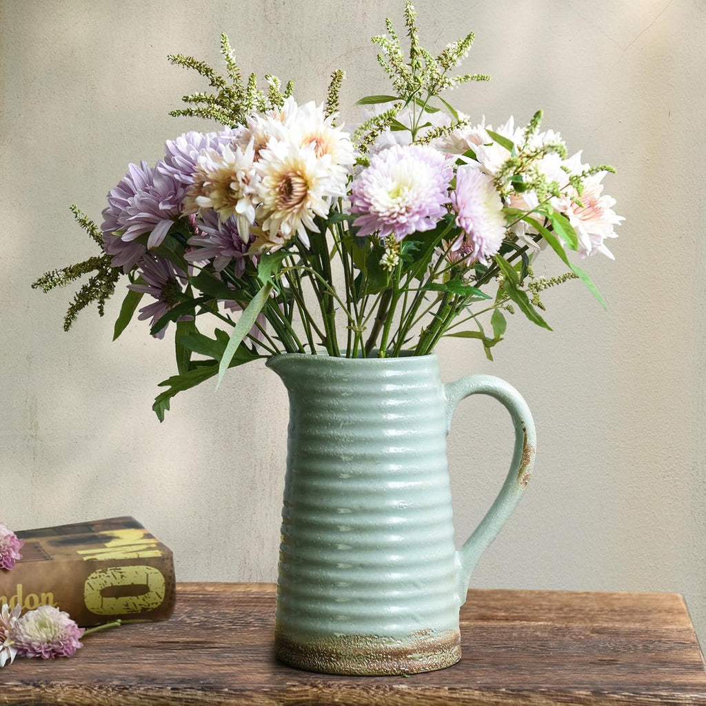 Quoowiit Ceramic Rustic Vase with Handle, Green Distressed Decorative Farmhouse Pitcher Vase for Home Decor Living Room Bedroom Kitchen Office Shelf Decor Centerpiece Table Decoration