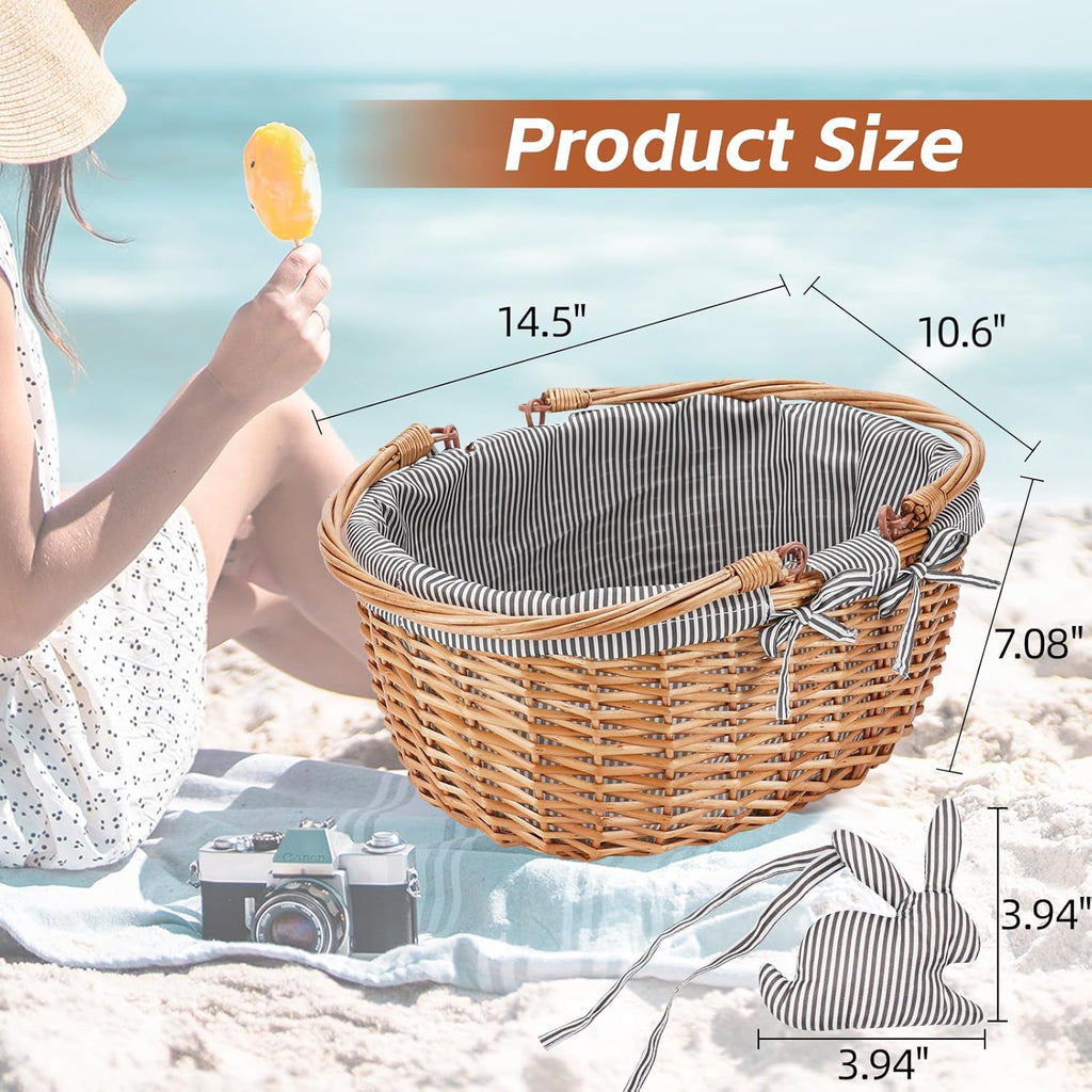 G GOOD GAIN Oval Picnic Basket with Folding Handles, Willow Hand Woven Shopping Basket, Bath Toy Kids Toy Storage Gift Packing Basket, Wicker Empty Easter Eggs and Candy Small Gift Basket. Grey