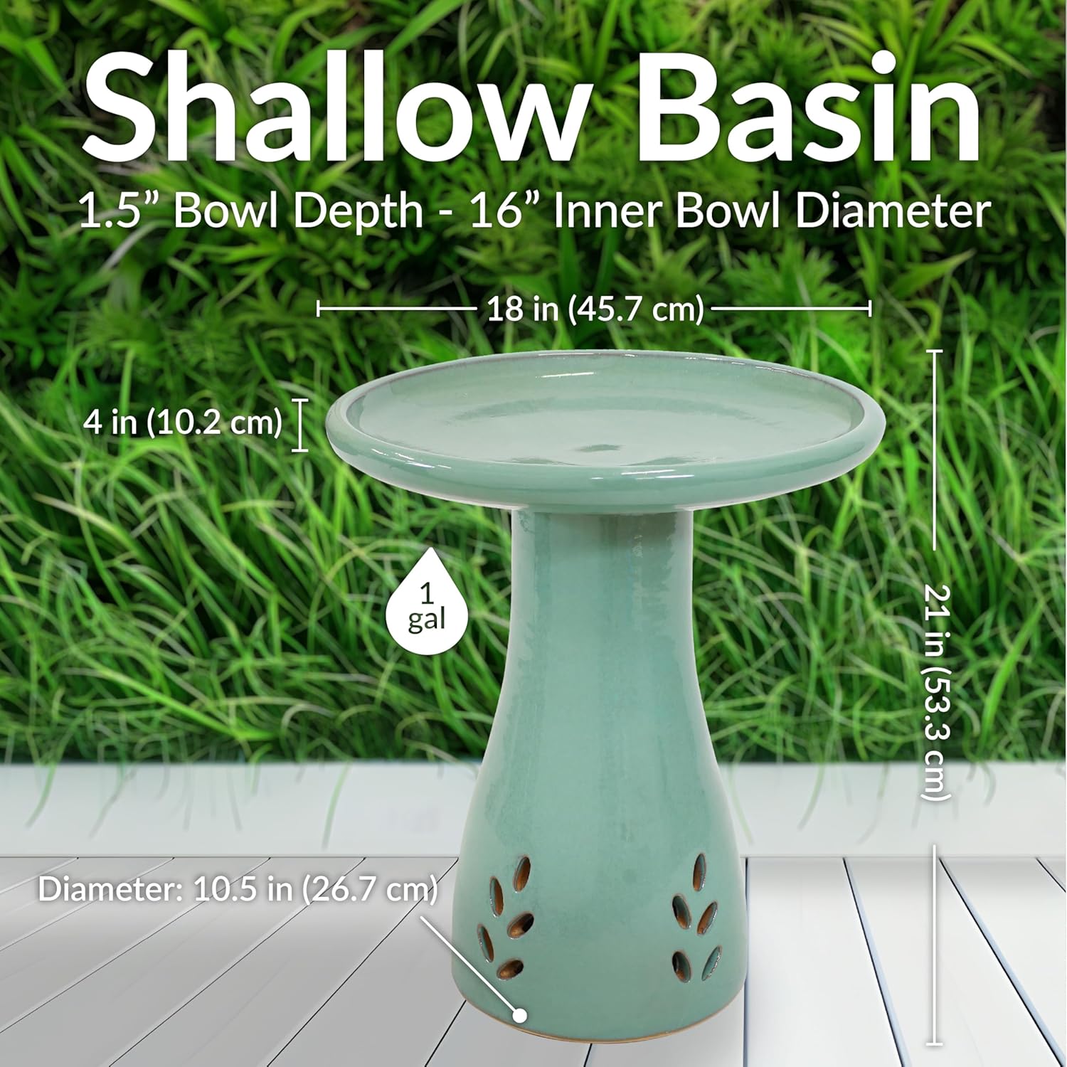 Sunnydaze 21" H Ceramic Bird Bath for Outside - Hand-Painted Outdoor Bird Bath Bowl, UV/Frost-Resistant Finish - Seafoam - Cut Out Pedestal