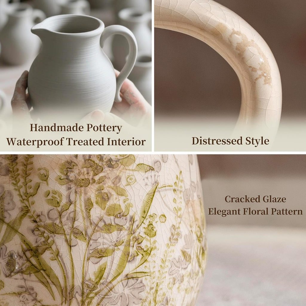 Vintage Green and Beige Ceramic Pitcher Vase with Handle, Farmhouse Floral Decorative Vase, Rustic Table Centerpiece for Home Decor, Living Room, French Country Grand Millennial Decor 8.7 in