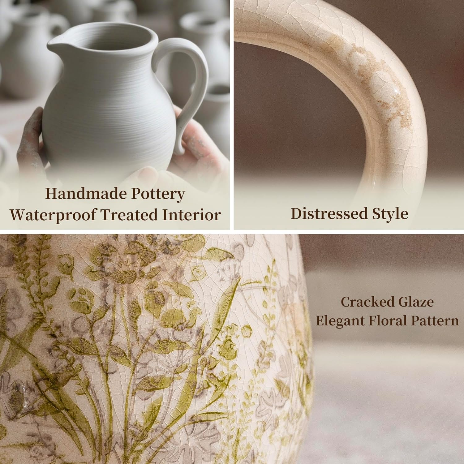 Vintage Green and Beige Ceramic Pitcher Vase with Handle, Farmhouse Floral Decorative Vase, Rustic Table Centerpiece for Home Decor, Living Room, French Country Grand Millennial Decor 8.7 in