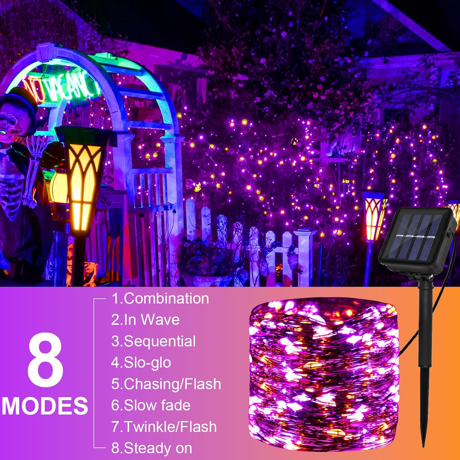 Solar Powered String Lights Outdoor, Purple Orange 2 Pack Total 200 LED 66FT Solar Powered Halloween Decorative Fairy Lights 8 Modes Black Wire for Halloween, Garden, Patio, Party, Yard, Christmas