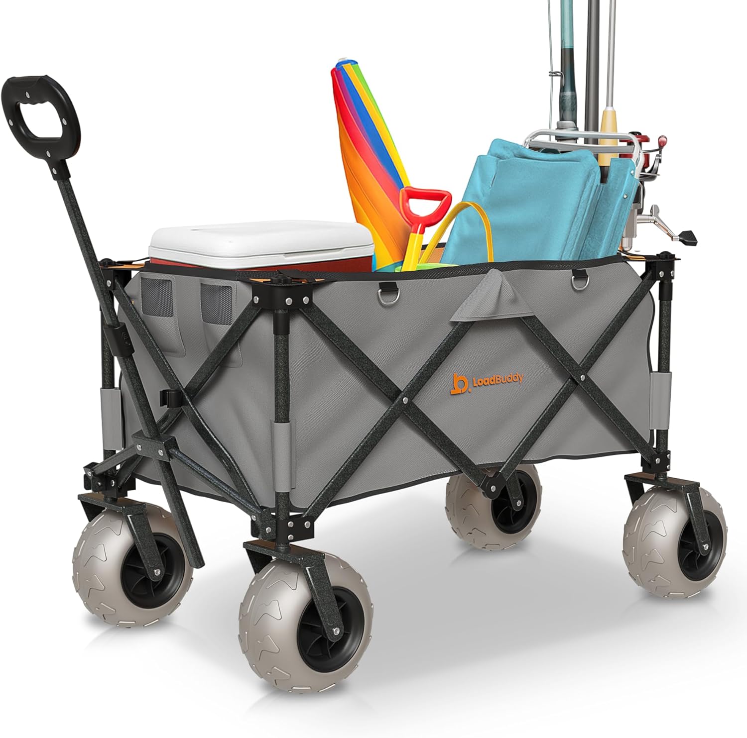 Foldable Beach Wagon – Gray Orange – Collapsible Utility Cart with Inflatable Wheels, Pump, Storage & Rope – Heavy Duty Garden, Grocery & Camping Trolley