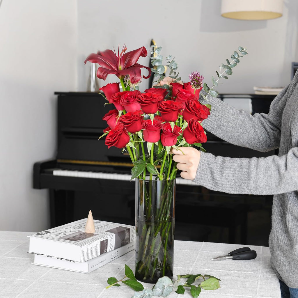 Flower Vase, Non-breakable Vases, 4" W x 8" H, Acrylic Grey Vase, Aesthetic Room Decor Cylindrical Modern Flower Vases for Table Centerpiece, Home Decor, Women Floral Arrangement Gift