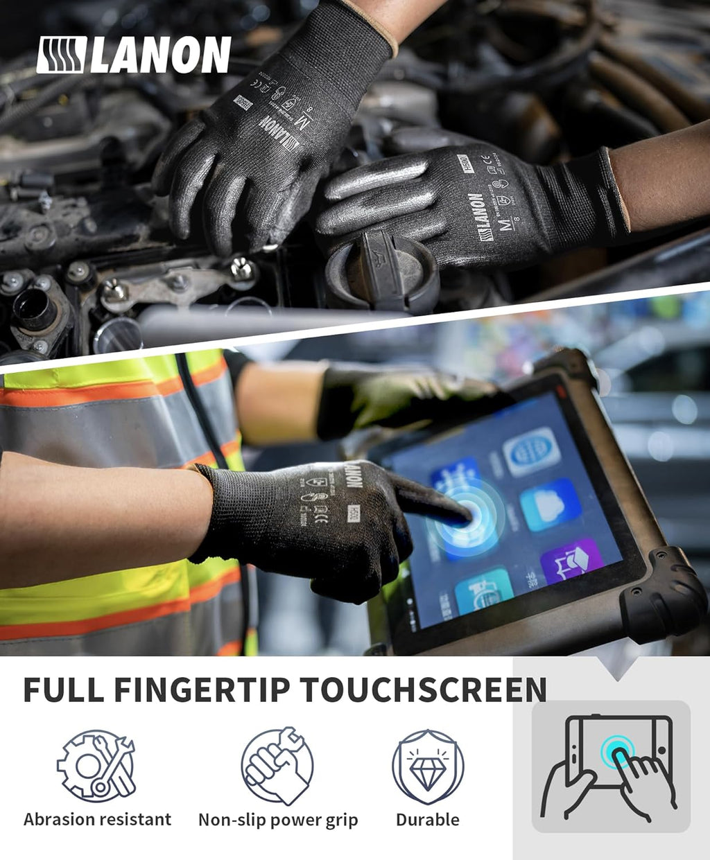 LANON 12 Pairs Safety Work Gloves, Mechanic Working Gloves for Men, PU Coated, Seamless Knit, Lightweight, Black, XL