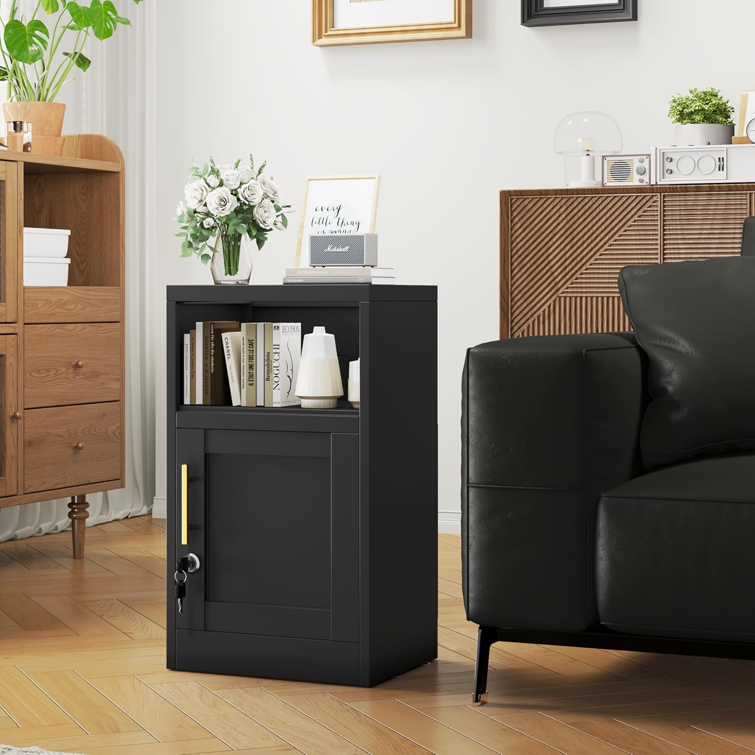 27" Metal Nightstand with Locked Doors, Small Sidetable with Storage Shelf, Storage Cabinet for Bedroom, Metal End Table for Home, Office Black