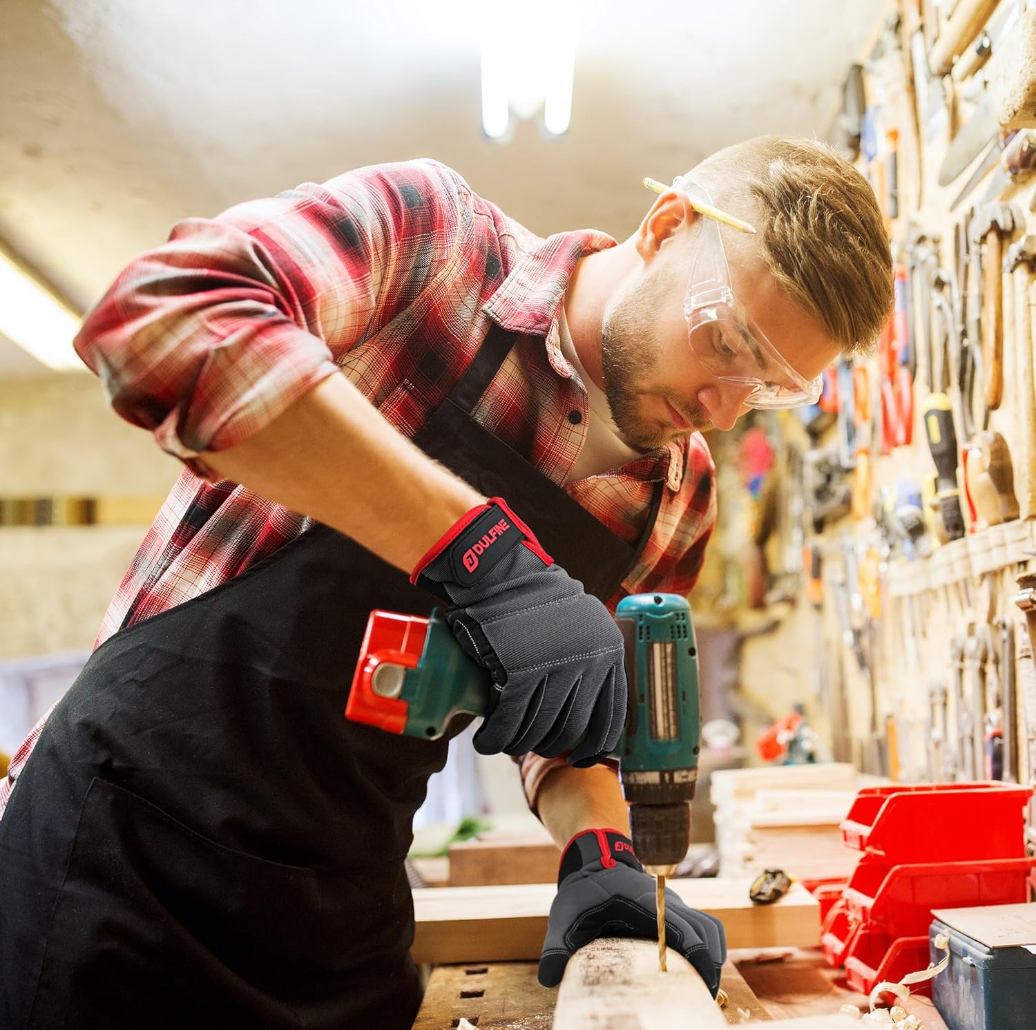 DULFINE Flex Grip Mechanic Work Gloves for Men,Black and Red Utility Safety Working Gloves Touch Screen,Excellent Grip,Ideal for Working on Cars and Outdoor Jobs(XX-Large)