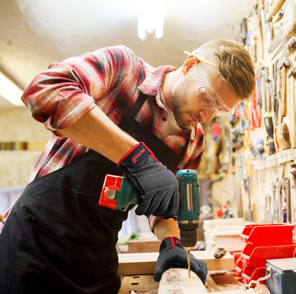 DULFINE Flex Grip Mechanic Work Gloves for Men,Black and Red Utility Safety Working Gloves Touch Screen,Excellent Grip,Ideal for Working on Cars and Outdoor Jobs(Medium)