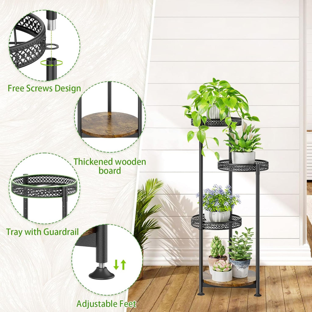 4 Tier Plant Stand Indoor Outdoor, Metal Flower Pot Shelf Holder Clearance, Tall Corner Rack for Multiple Plants, Modern Organizer Display for Patio Orchid Office Porch Living Room Garden, Black