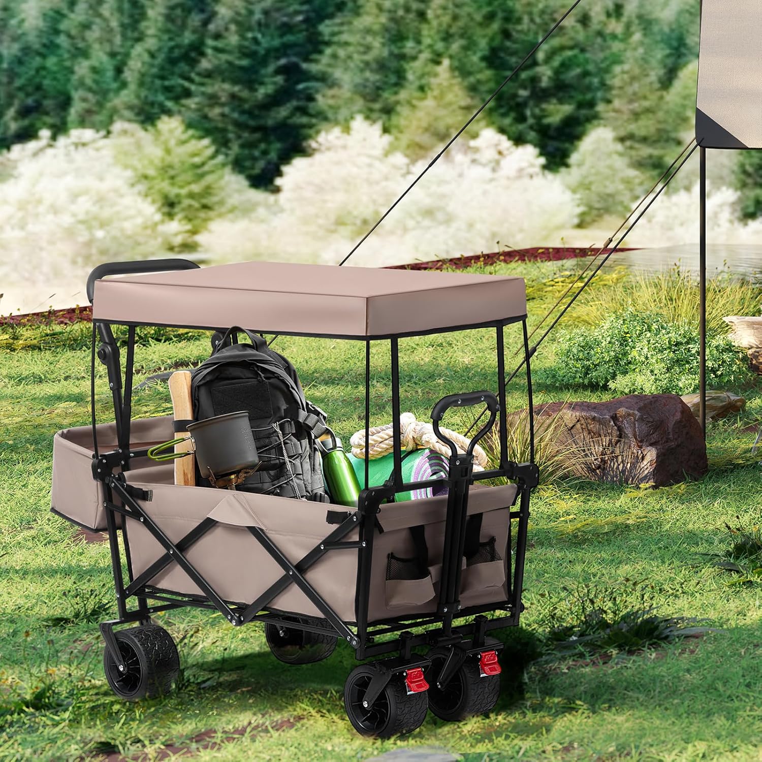 ALIMORDEN Foldable Canopy Wagon Garden Cart, Heavy Duty Outdoor Utility Collapsible Tool Cart with Removable Canopy and Big Wheels, Khaki